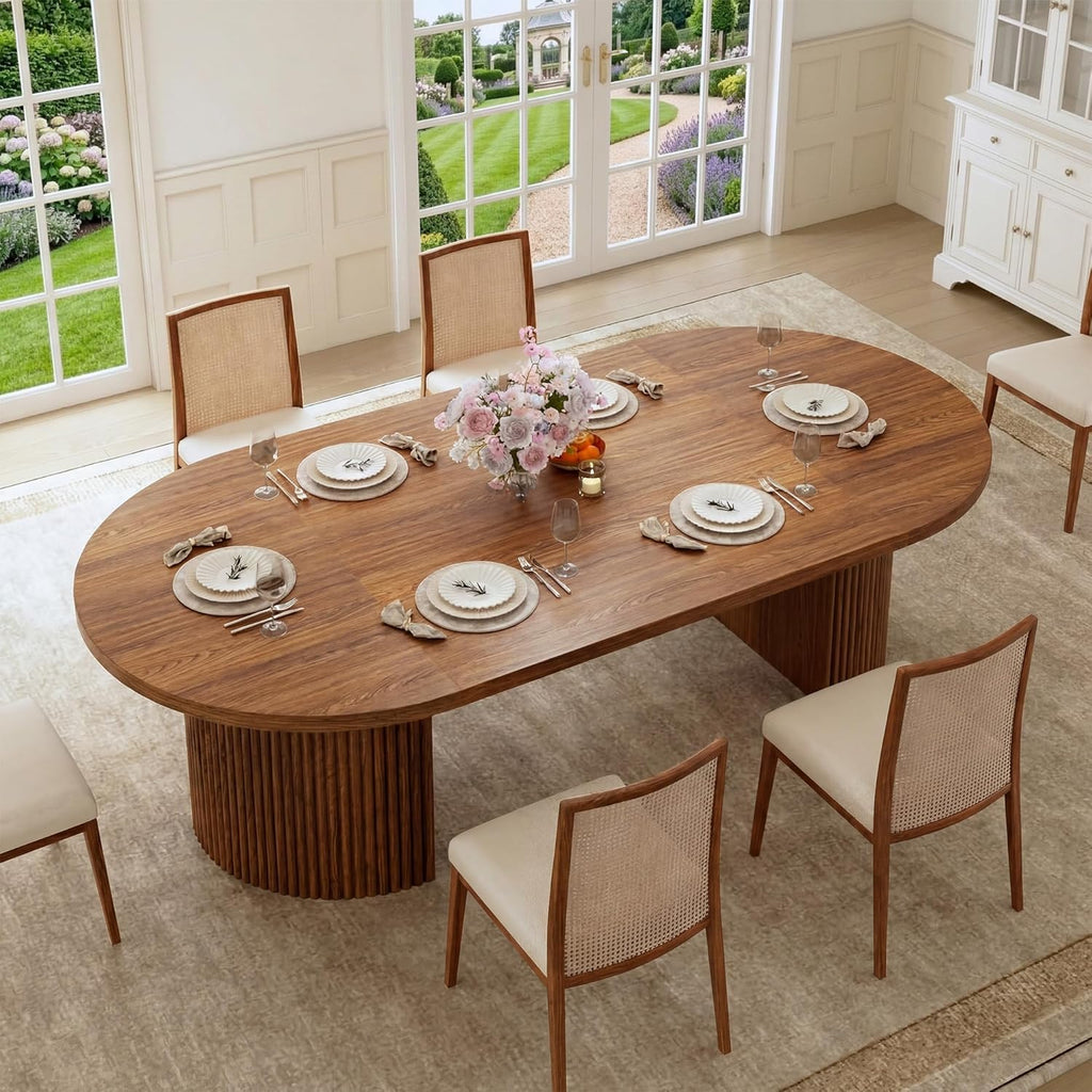 HUAHUU Extendable Round Dining Table for 4-8, 39in-77in Long Large Kitchen Table with Fluted Base, Space Saving Modern Farmhouse Oval Dinner Tables for Dining Room, Kitchen, Living Room, Brown