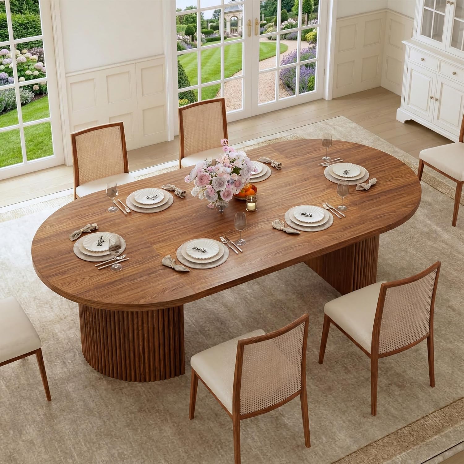 HUAHUU Extendable Round Dining Table for 4-8, 39in-77in Long Large Kitchen Table with Fluted Base, Space Saving Modern Farmhouse Oval Dinner Tables for Dining Room, Kitchen, Living Room, Brown