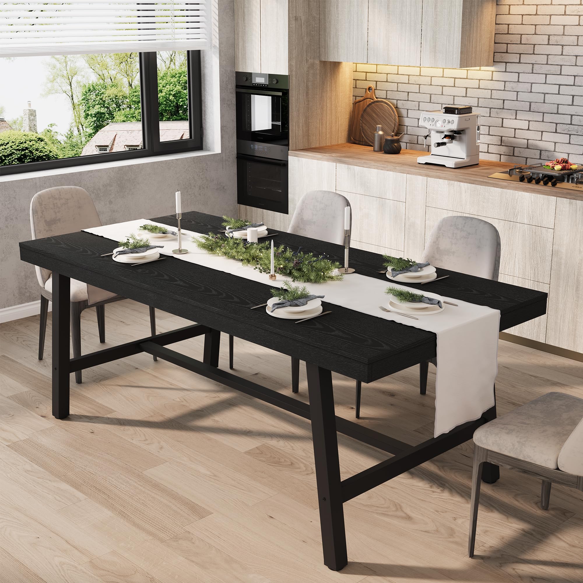 GarveeHome 63-83" Extendable Dining Table, Industrial Rectangular Dining Room Table for 6-8 People, Expandable Kitchen Table with Heavy Duty Metal Frame for Dining Room, Kitchen & Parties, Rustic Pear