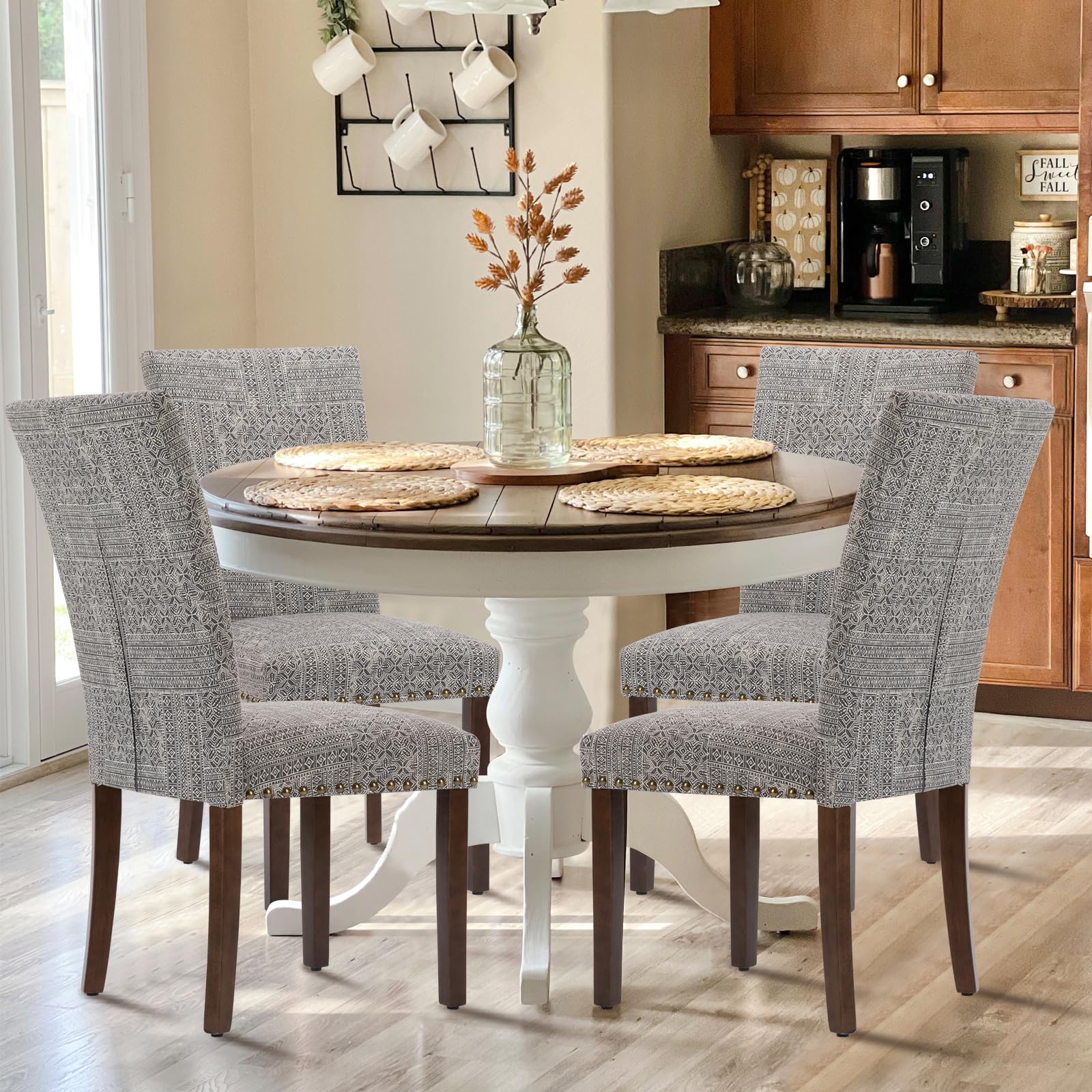 COLAMY Upholstered Fabric Dining Chairs Set of 6, High Back Padded Chairs w/Nailed Trim & Solid Wood Legs, Classic Parsons Chairs Side Chair for Home/Kitchen/Living Room-Beige (A420-BEIGE-6pcs)