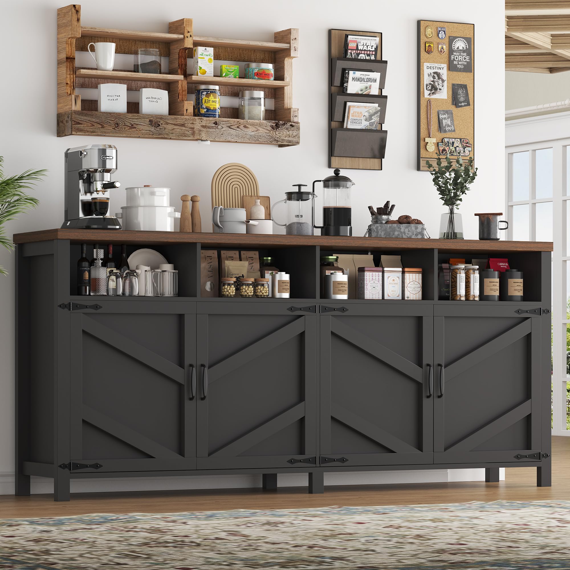 knoworld Buffet Sideboard with Storage with Power Outlets & LED Light 4 Doors, 55'' Large Farmhouse Kitchen Storage Cabinet Wood Coffee Bar Cabinet Buffet Table for Kitchen, Dining Room, Entryway