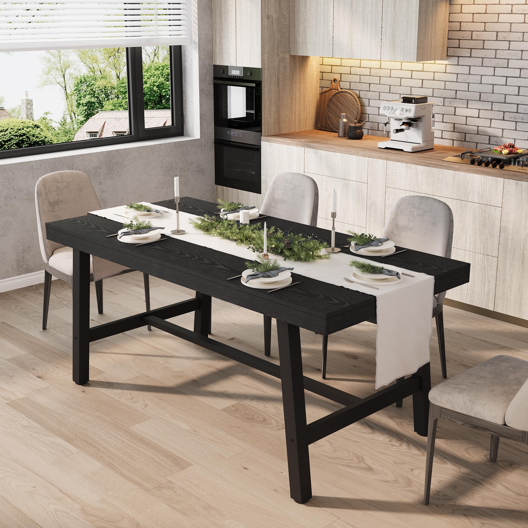 GarveeHome 63-83" Extendable Dining Table, Industrial Rectangular Dining Room Table for 6-8 People, Expandable Kitchen Table with Heavy Duty Metal Frame for Dining Room, Kitchen & Parties, Black