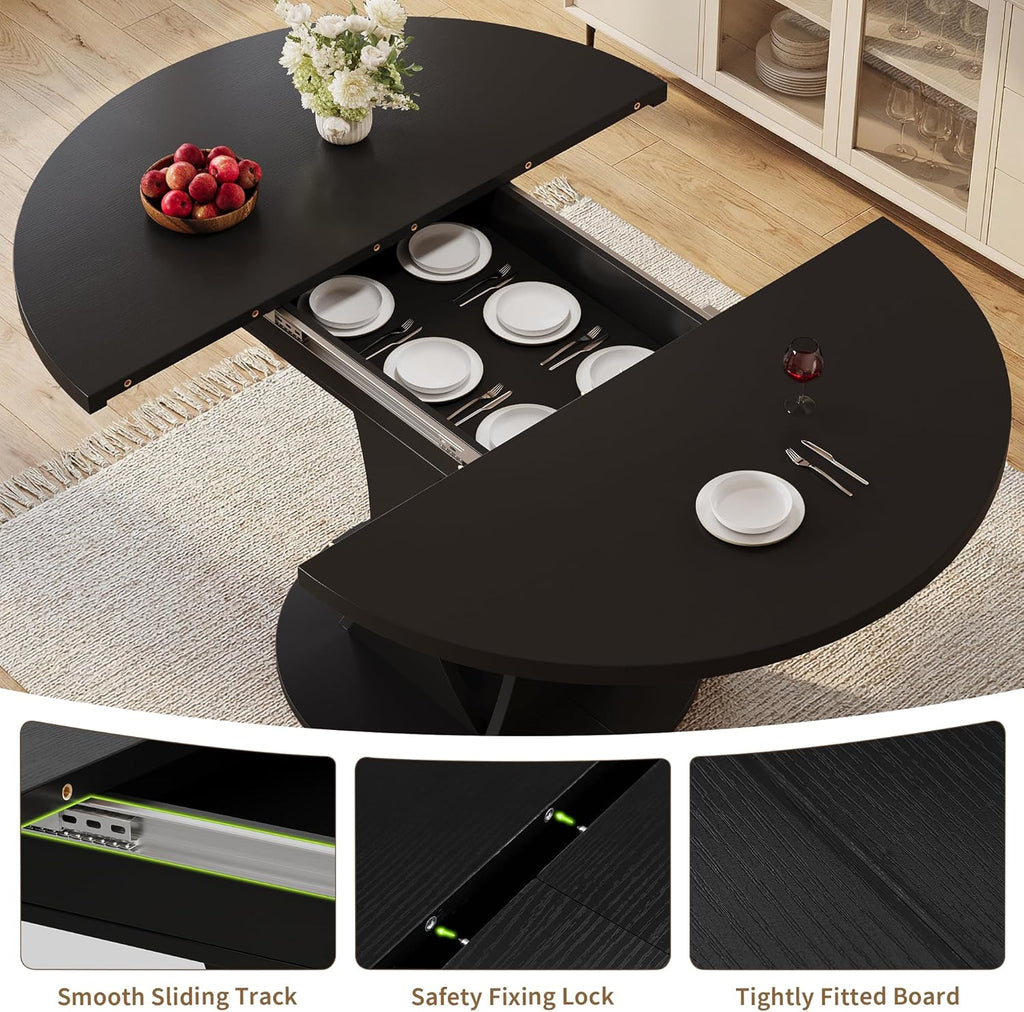 iPormis 43"-59" Extendable Dining Table, Round Kitchen Table with Modern Arcs Pedestal, Oval Dinner Table with Removable Leaves,Hidden Storage, for Kitchen, Dining Room, Living Room, Office, Black