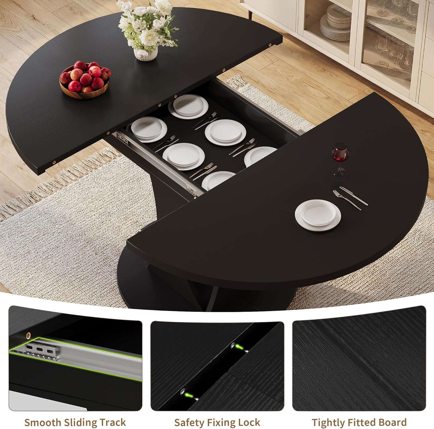 iPormis 43"-59" Extendable Dining Table, Round Kitchen Table with Modern Arcs Pedestal, Oval Dinner Table with Removable Leaves,Hidden Storage, for Kitchen, Dining Room, Living Room, Office, Black