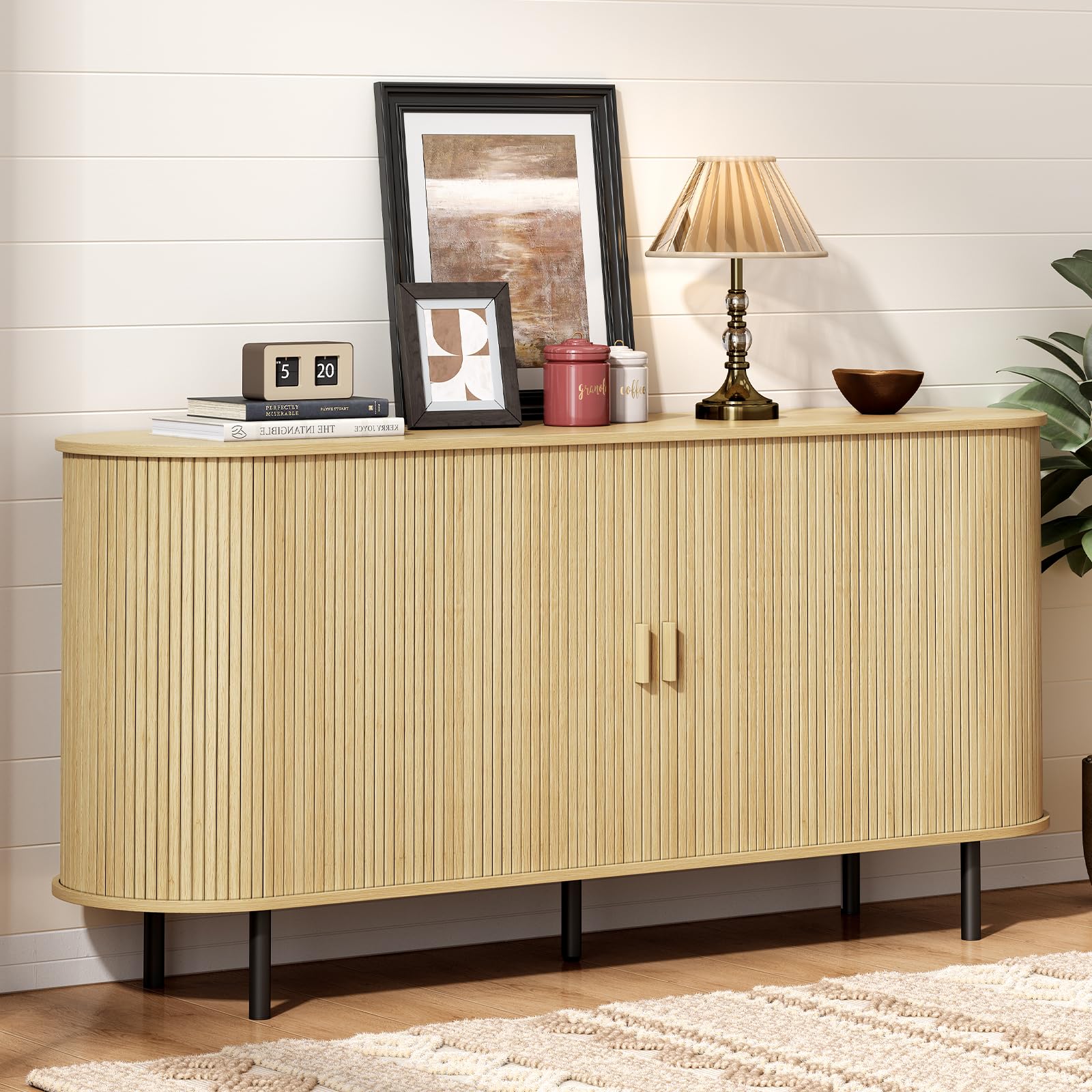 ONBRILL 55" Sideboard Buffet Cabinet with Storage, Sliding Door & Adjustable Shelf, Modern Accent Coffee Bar Console Table for Kitchen, Entryway, Walnut