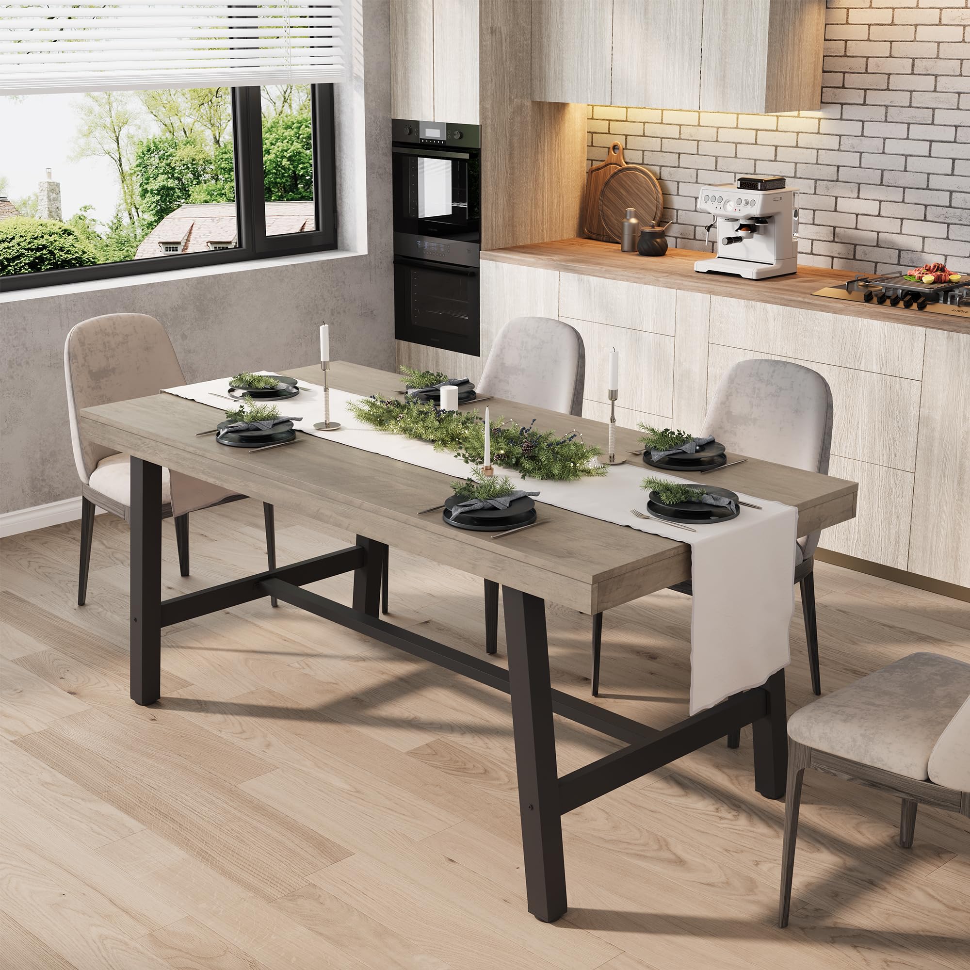 GarveeHome 63-83" Extendable Dining Table, Industrial Rectangular Dining Room Table for 6-8 People, Expandable Kitchen Table with Heavy Duty Metal Frame for Dining Room, Kitchen & Parties, Black