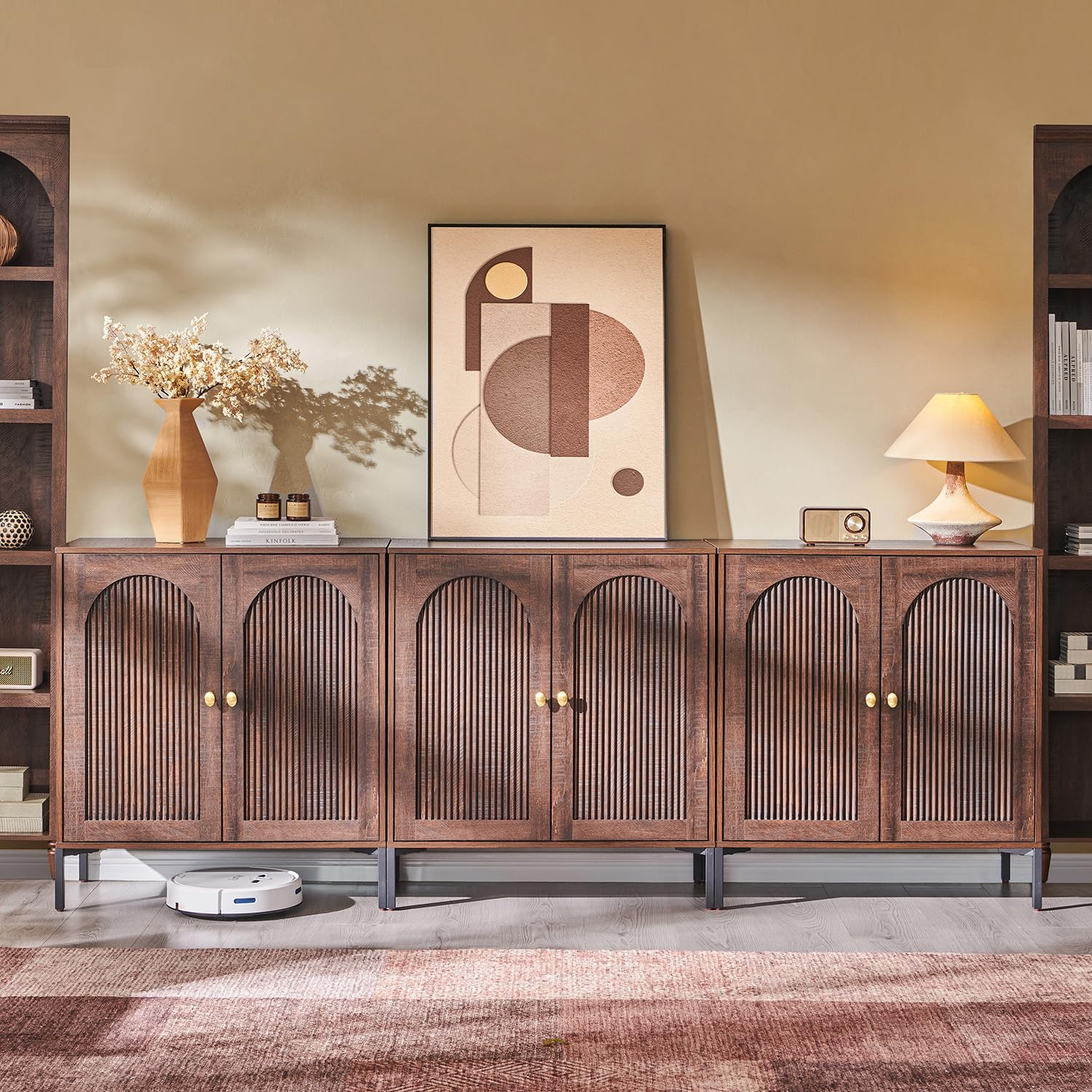 IFGET Modern Buffet Cabinet with Storage, 92.63" W Fluted Arched Sideboard Cabinet w/Adjustable Shelves, Wooden Modular Coffee Bar for Dining Room, Kitchen, Living Room, Entryway, Natural