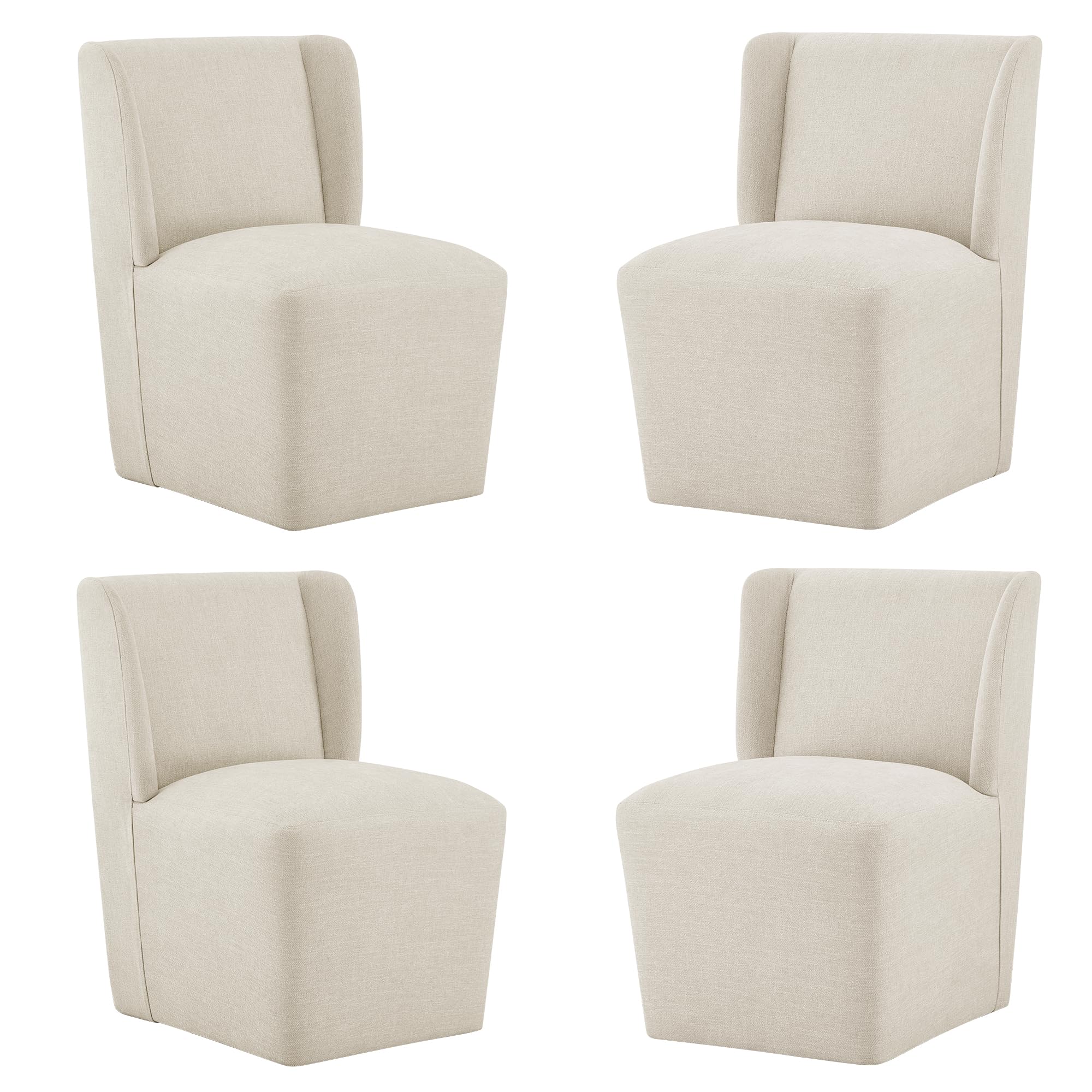 KISLOT Upholstered Dining Chairs Set of 4 with Casters, Wingback Modern Side Armless Deskchair with Rollers for Diningroom Bedroom Livingroom Reading Room, Cream Beige Fabric