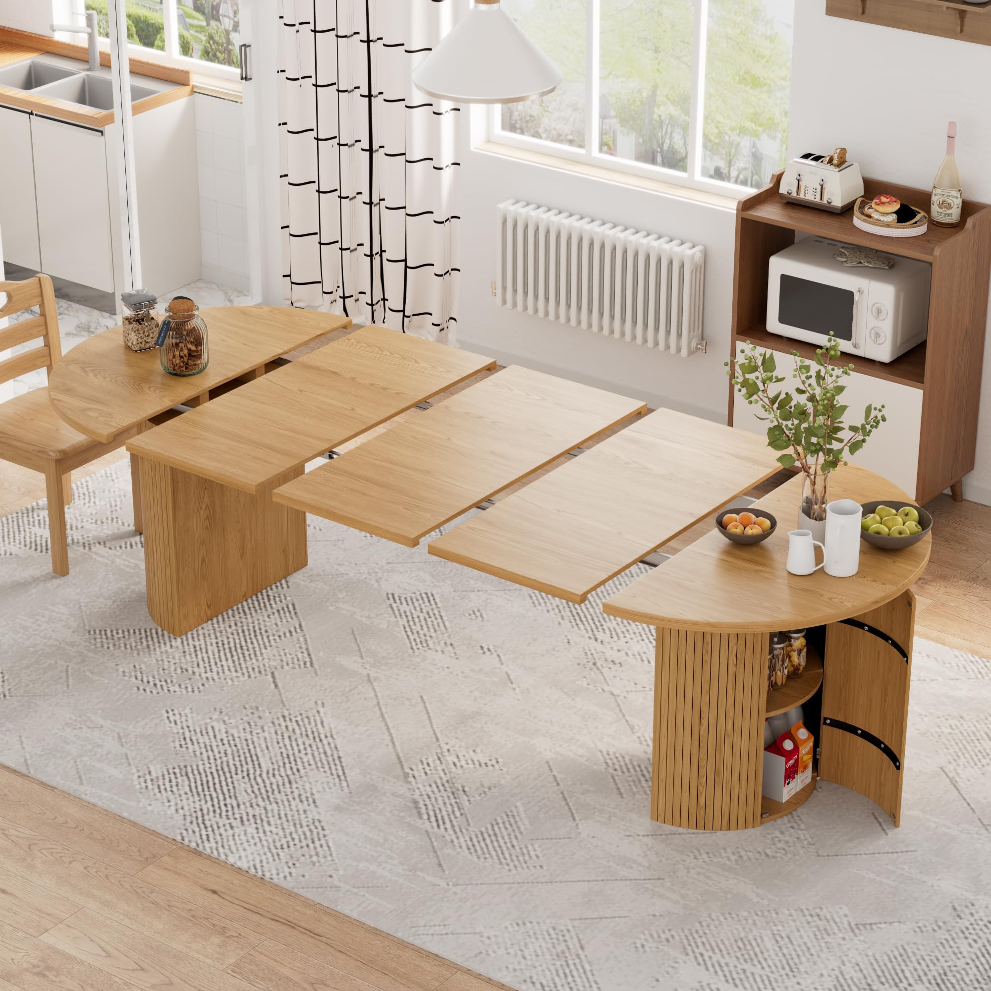 43-95 Inch Long Round Extendable Dining Table for 4-10, Space Saving Oval Large Dinner Kitchen Table with 3 Leaf, 2 Storage, Fluted Mid Century Modern Dining Room Table for Living Room, Walnut