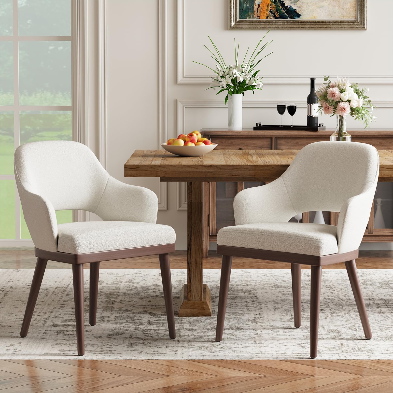 MALOL Wooden Dining Chairs Set of 2, Modern Fabric Upholstered Dining Room Chair, Kitchen Side Chairs, Farmhouse Dinner Chair with Open Back for Kitchen, Beige