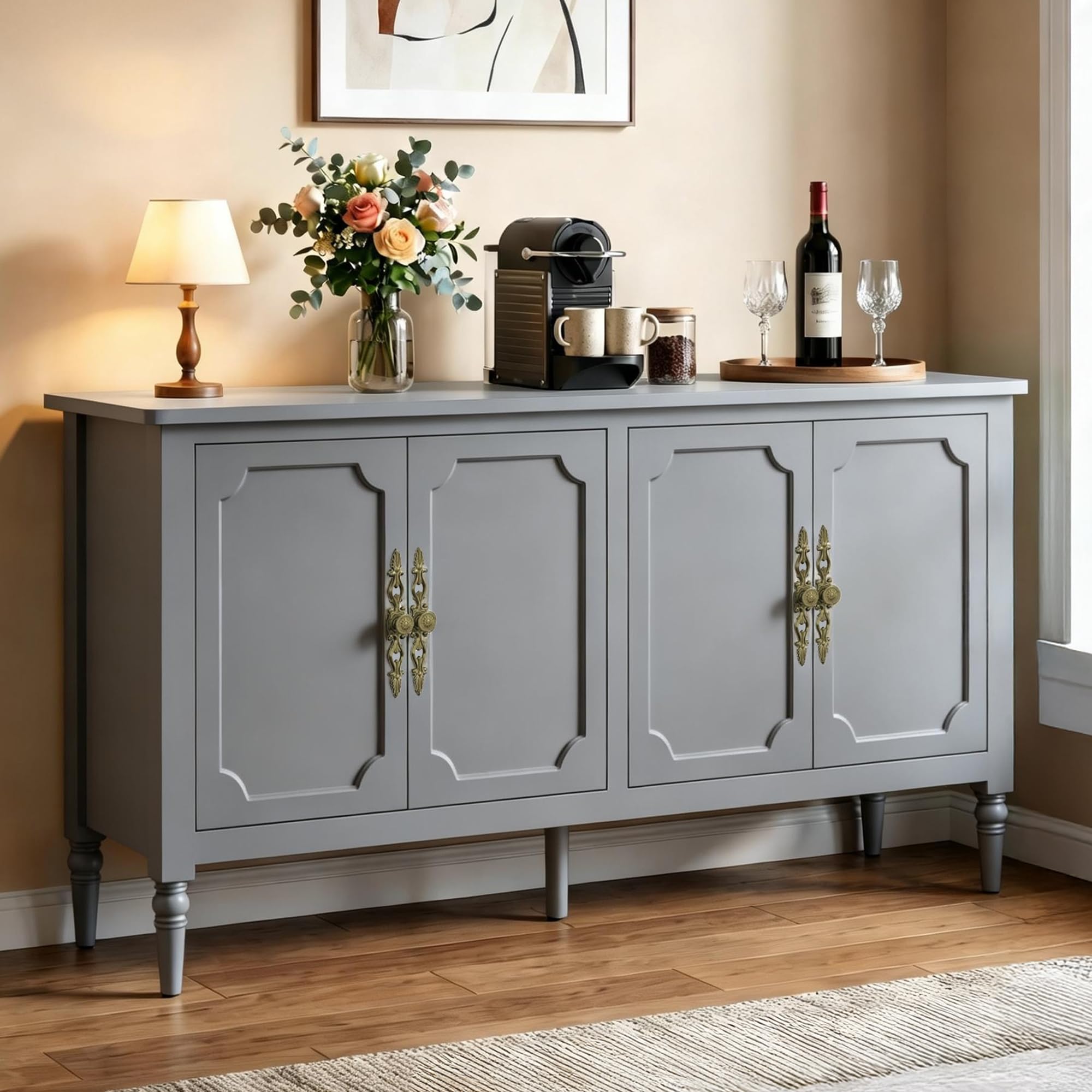 RoyalCraft 59" Buffet Cabinet with Storage, Vintage Sideboard with Adjustable Shelves & Carved Handle, Mid Century Modern Painted Credenza Coffee Bar for Kitchen, Dining Room, Forest Green