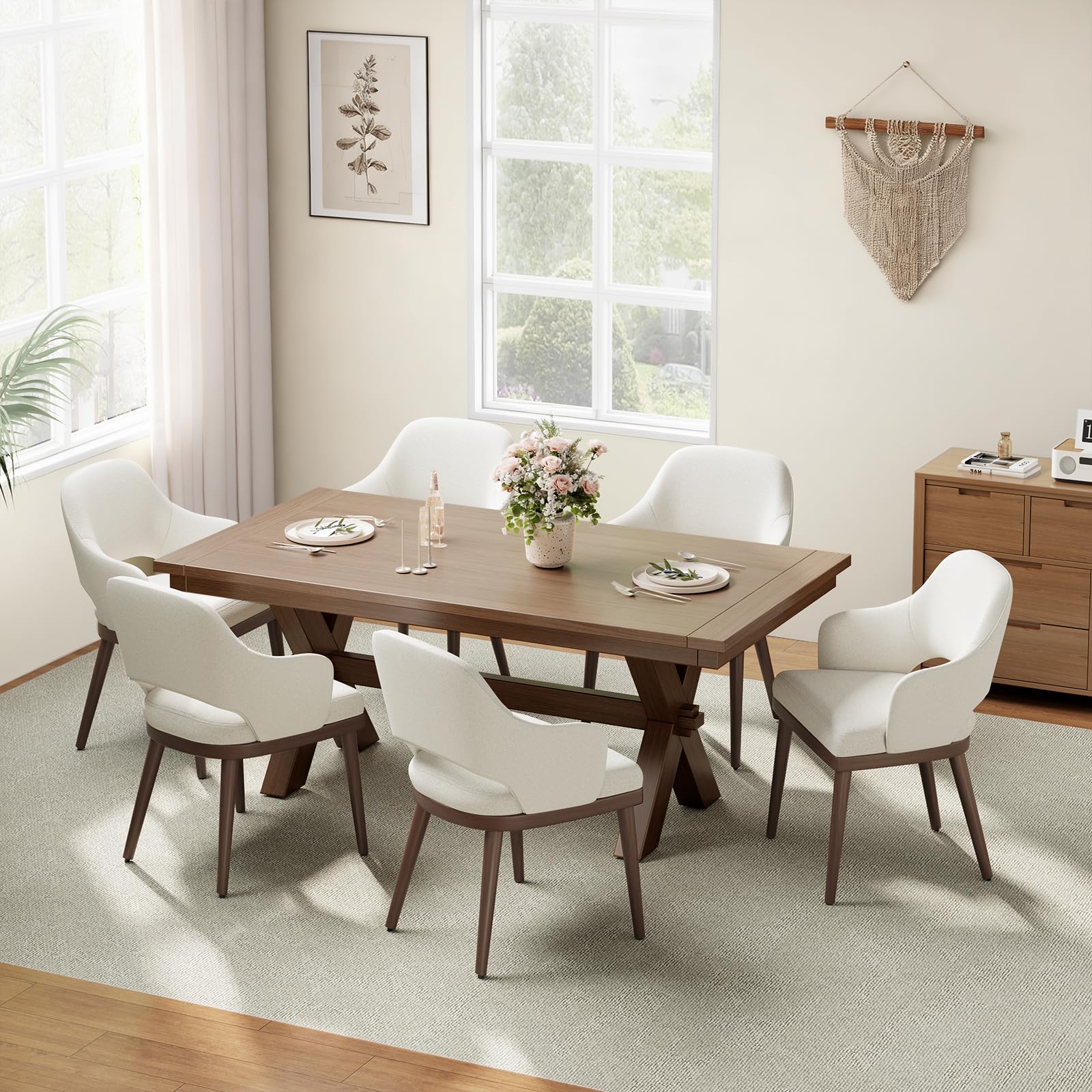 MALOL Wooden Dining Chairs Set of 2, Modern Fabric Upholstered Dining Room Chair, Kitchen Side Chairs, Farmhouse Dinner Chair with Open Back for Kitchen, Beige