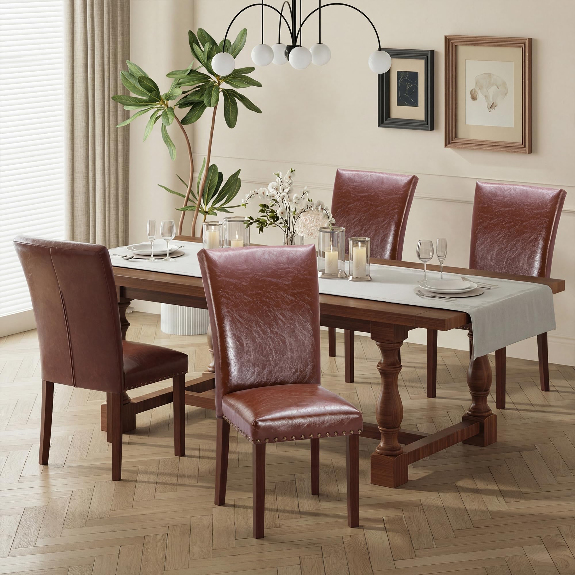 COLAMY Upholstered Fabric Dining Chairs Set of 6, High Back Padded Chairs w/Nailed Trim & Solid Wood Legs, Classic Parsons Chairs Side Chair for Home/Kitchen/Living Room-Beige (A420-BEIGE-6pcs)