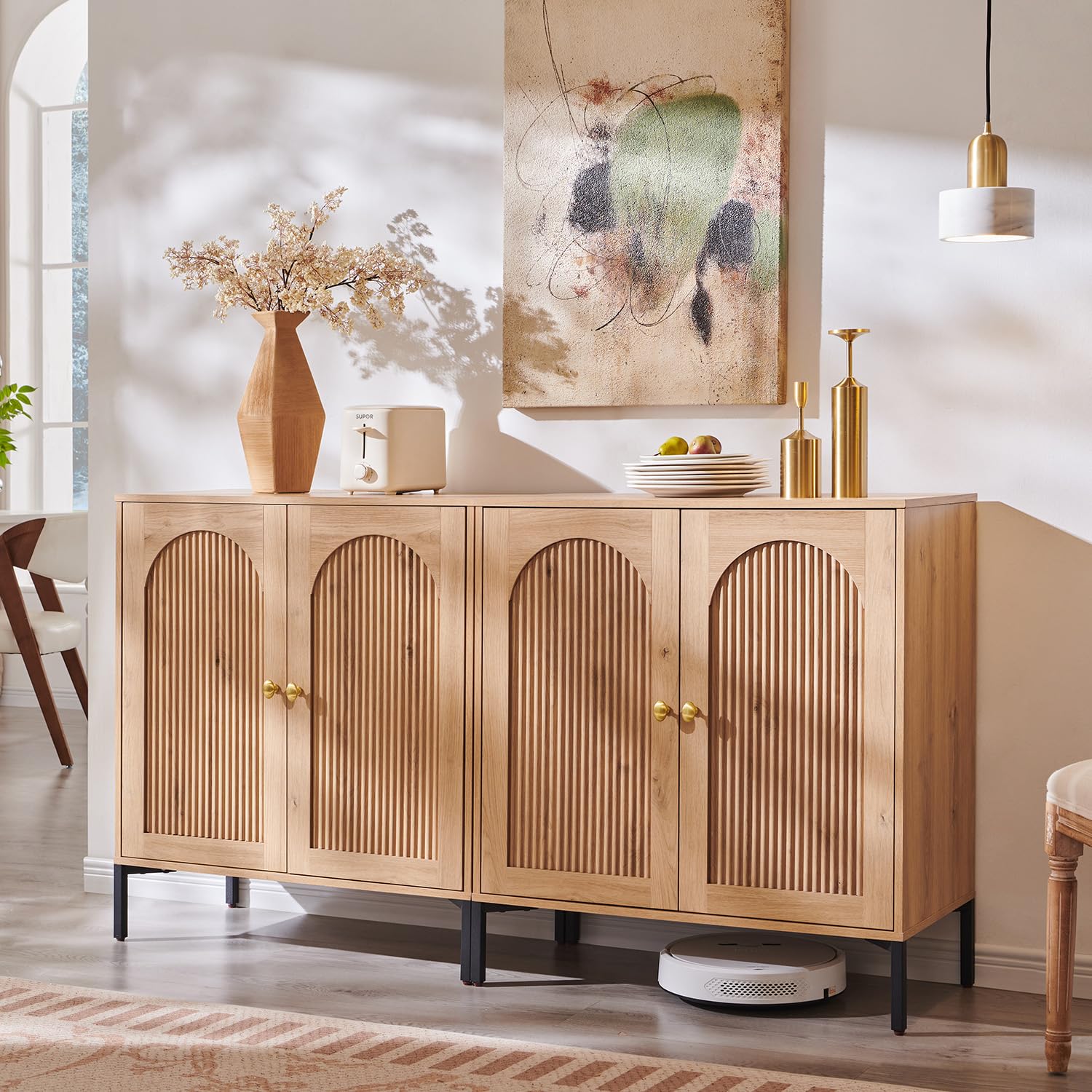 IFGET Modern Buffet Cabinet with Storage, 92.63" W Fluted Arched Sideboard Cabinet w/Adjustable Shelves, Wooden Modular Coffee Bar for Dining Room, Kitchen, Living Room, Entryway, Natural