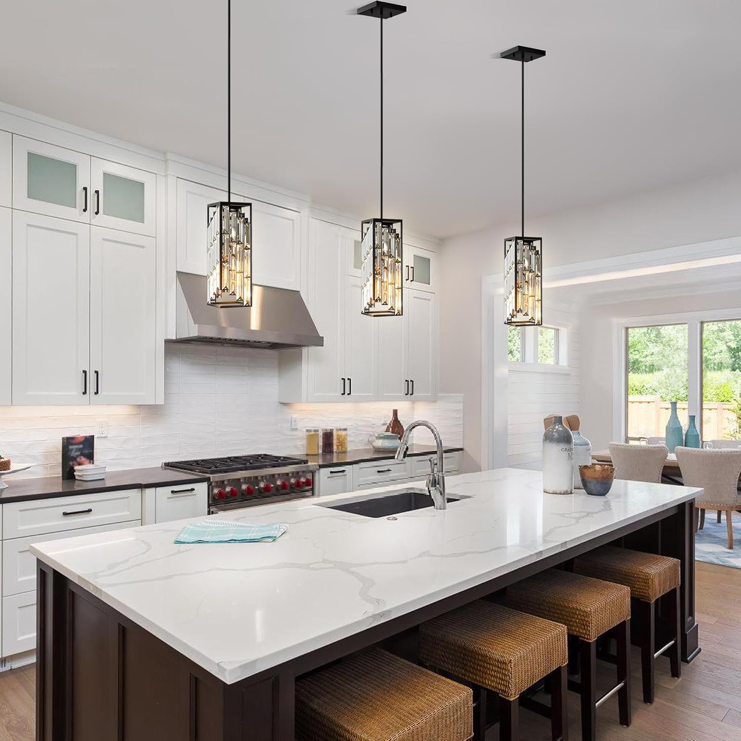 Black Pendant Lights Kitchen Island 3 Pack, Mini Crystal Chandeliers, Modern Pendant Lights Ceiling Lighting Fixtures for Kitchen Island, Dinning Room, Bedroom