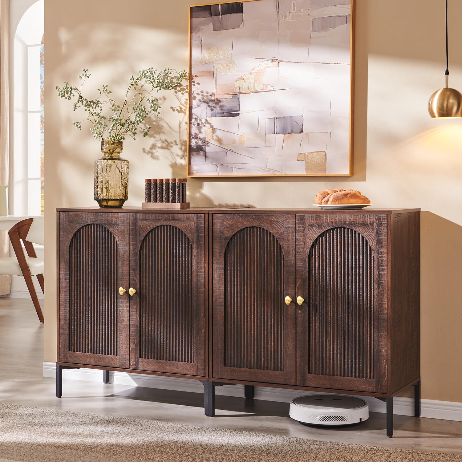 IFGET Modern Buffet Cabinet with Storage, 92.63" W Fluted Arched Sideboard Cabinet w/Adjustable Shelves, Wooden Modular Coffee Bar for Dining Room, Kitchen, Living Room, Entryway, Natural