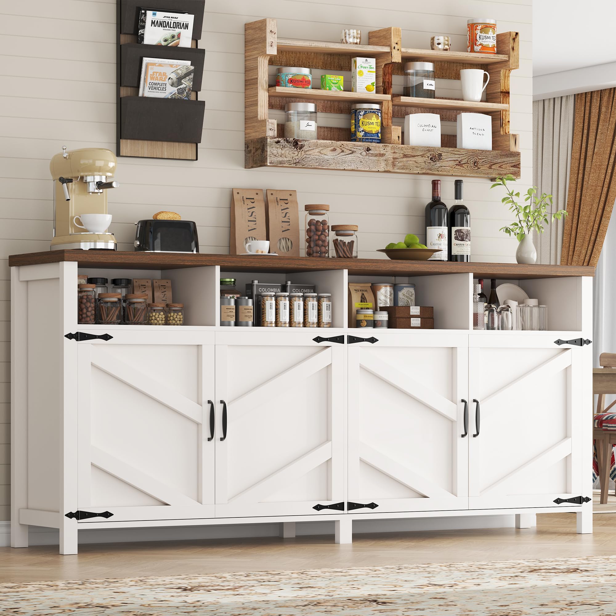 knoworld Buffet Sideboard with Storage with Power Outlets & LED Light 4 Doors, 55'' Large Farmhouse Kitchen Storage Cabinet Wood Coffee Bar Cabinet Buffet Table for Kitchen, Dining Room, Entryway
