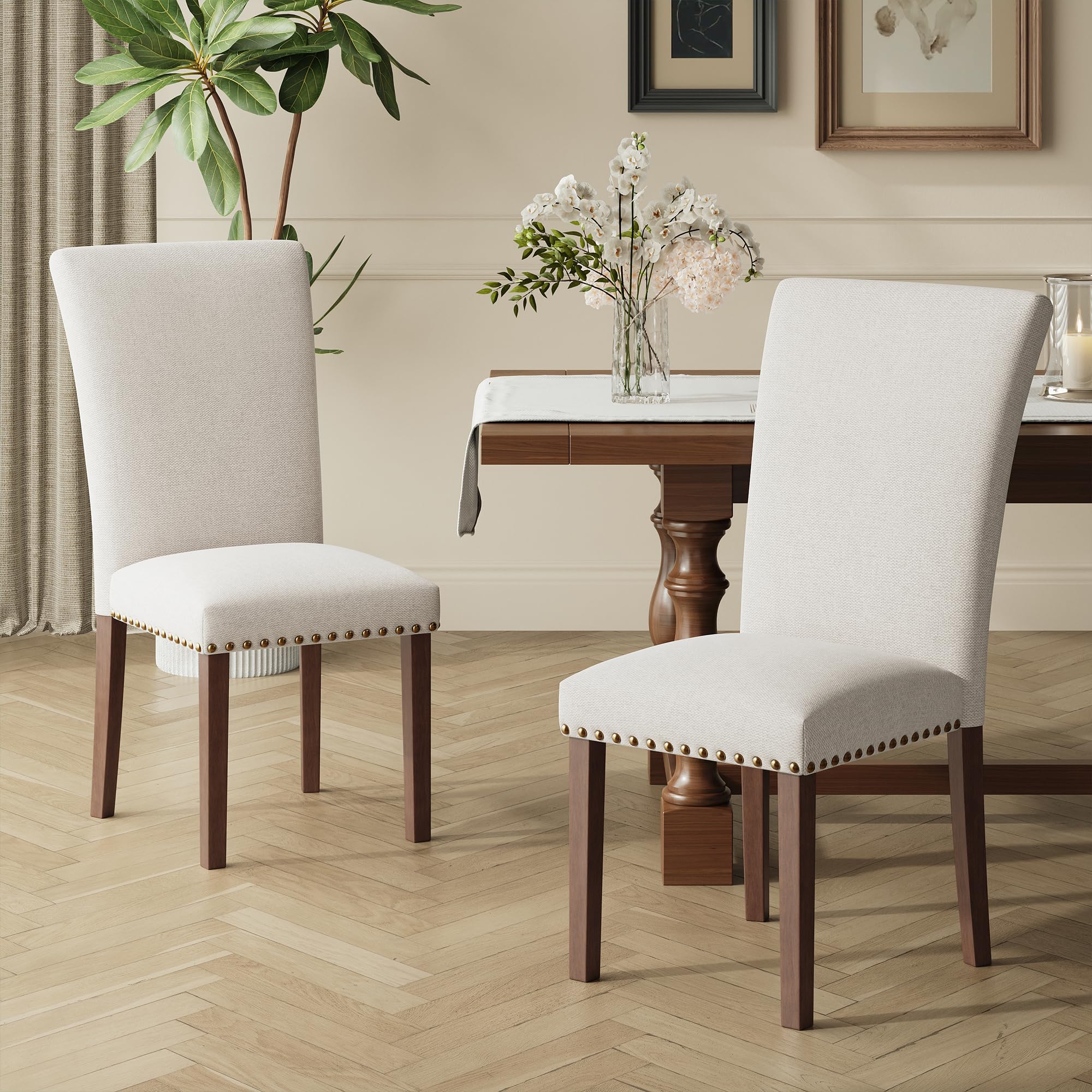 COLAMY Upholstered Fabric Dining Chairs Set of 6, High Back Padded Chairs w/Nailed Trim & Solid Wood Legs, Classic Parsons Chairs Side Chair for Home/Kitchen/Living Room-Beige (A420-BEIGE-6pcs)