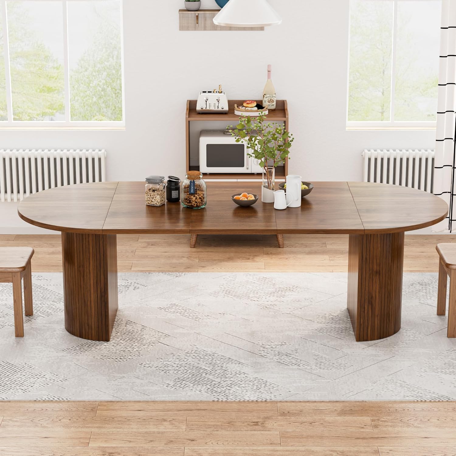 43-95 Inch Long Round Extendable Dining Table for 4-10, Space Saving Oval Large Dinner Kitchen Table with 3 Leaf, 2 Storage, Fluted Mid Century Modern Dining Room Table for Living Room, Walnut