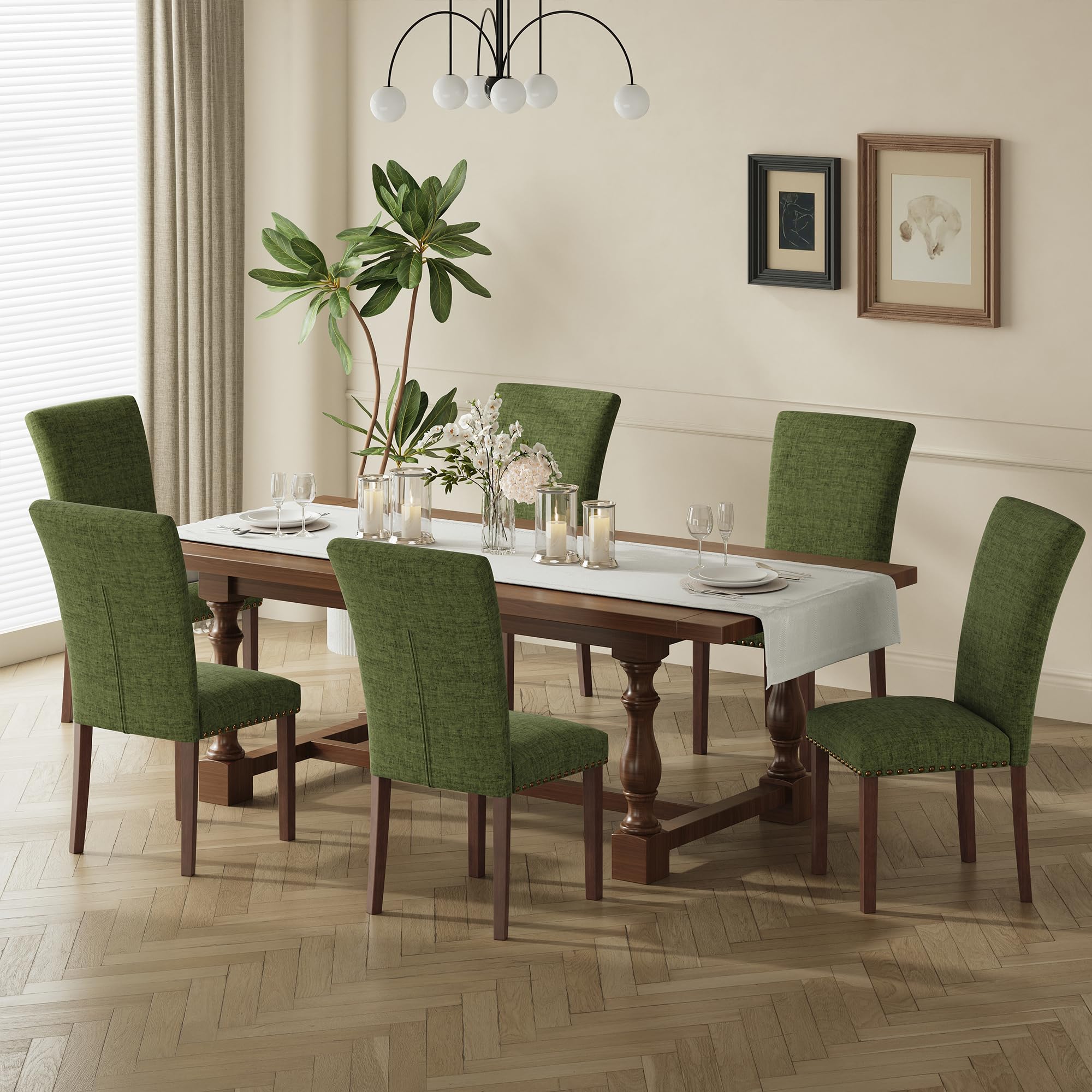 COLAMY Upholstered Fabric Dining Chairs Set of 6, High Back Padded Chairs w/Nailed Trim & Solid Wood Legs, Classic Parsons Chairs Side Chair for Home/Kitchen/Living Room-Beige (A420-BEIGE-6pcs)