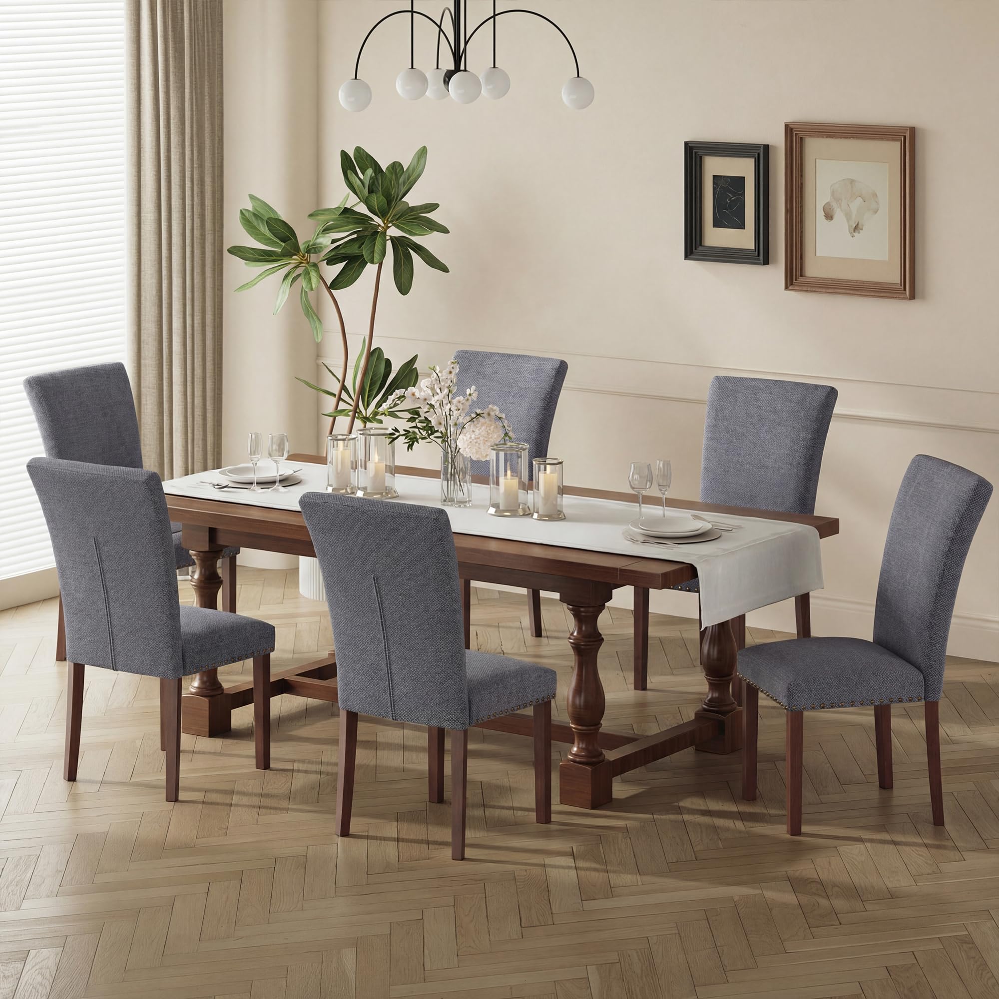 COLAMY Upholstered Fabric Dining Chairs Set of 6, High Back Padded Chairs w/Nailed Trim & Solid Wood Legs, Classic Parsons Chairs Side Chair for Home/Kitchen/Living Room-Beige (A420-BEIGE-6pcs)