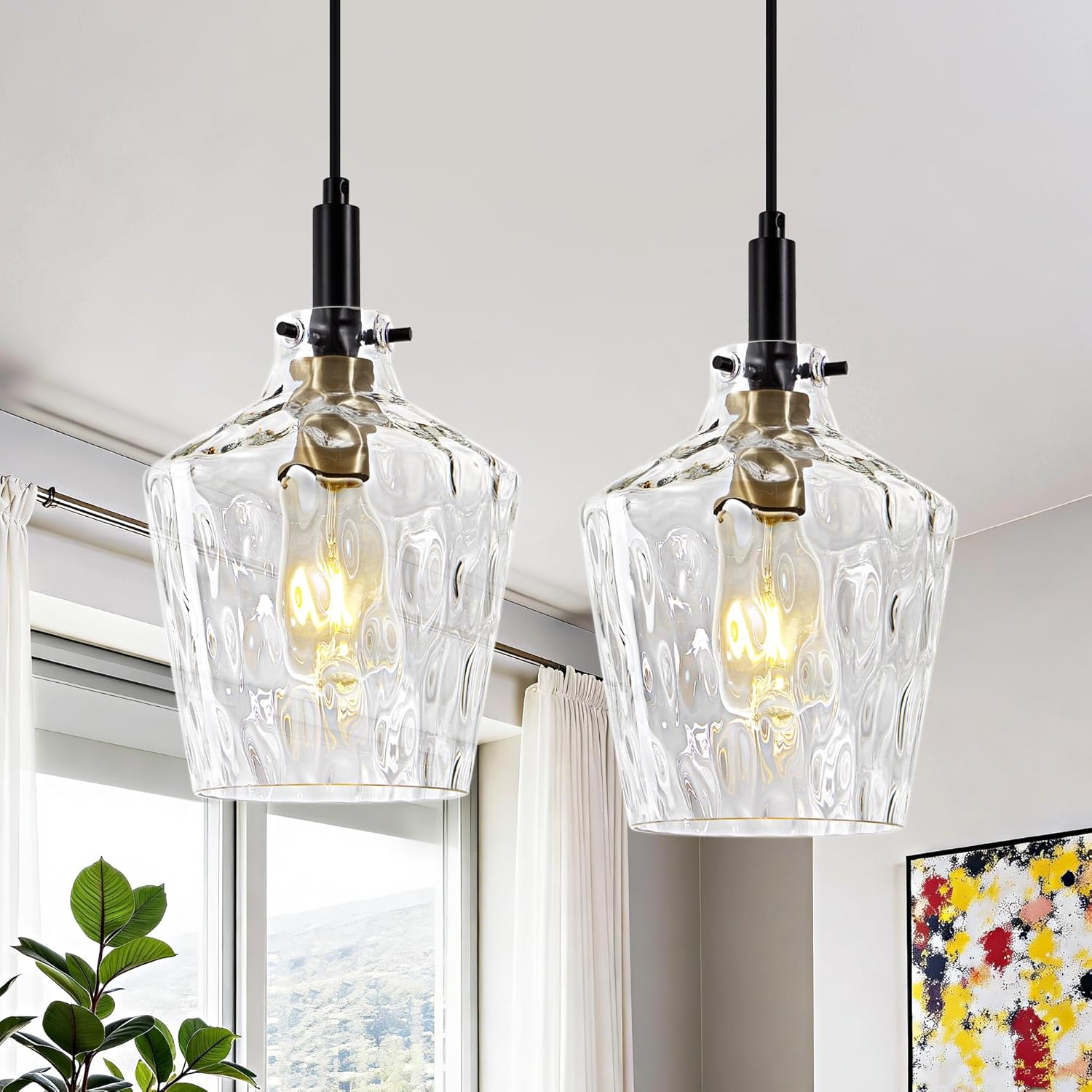 Modern Glass Pendant Lighting for Kitchen Island 2 Pack, Farmhouse Black and Gold Pendant Light Fixtures, Adjustable Hanging Ceiling Light, Angled Clear Glass Shades 8 Inch