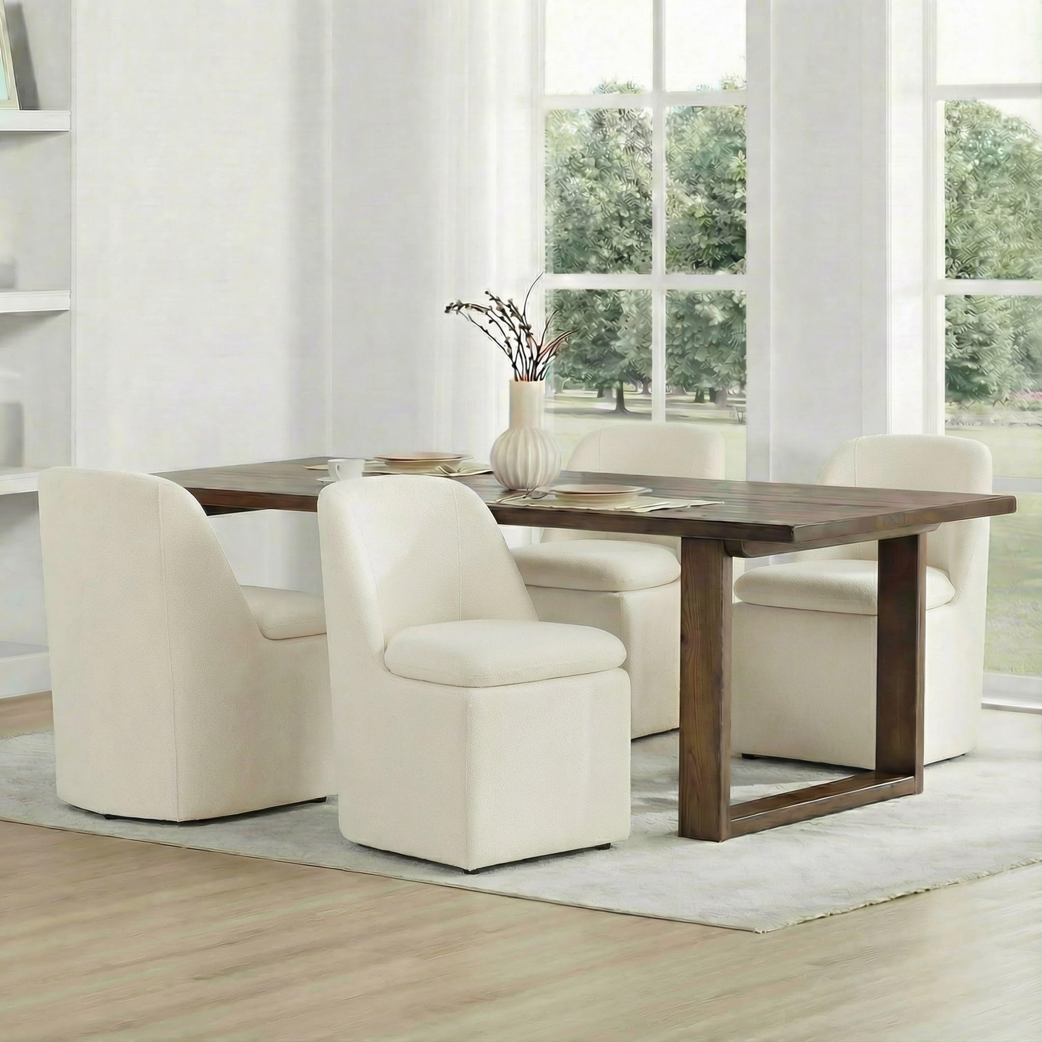 KISLOT Upholstered Dining Chairs Set of 4 with Casters, Wingback Modern Side Armless Deskchair with Rollers for Diningroom Bedroom Livingroom Reading Room, Cream Beige Fabric