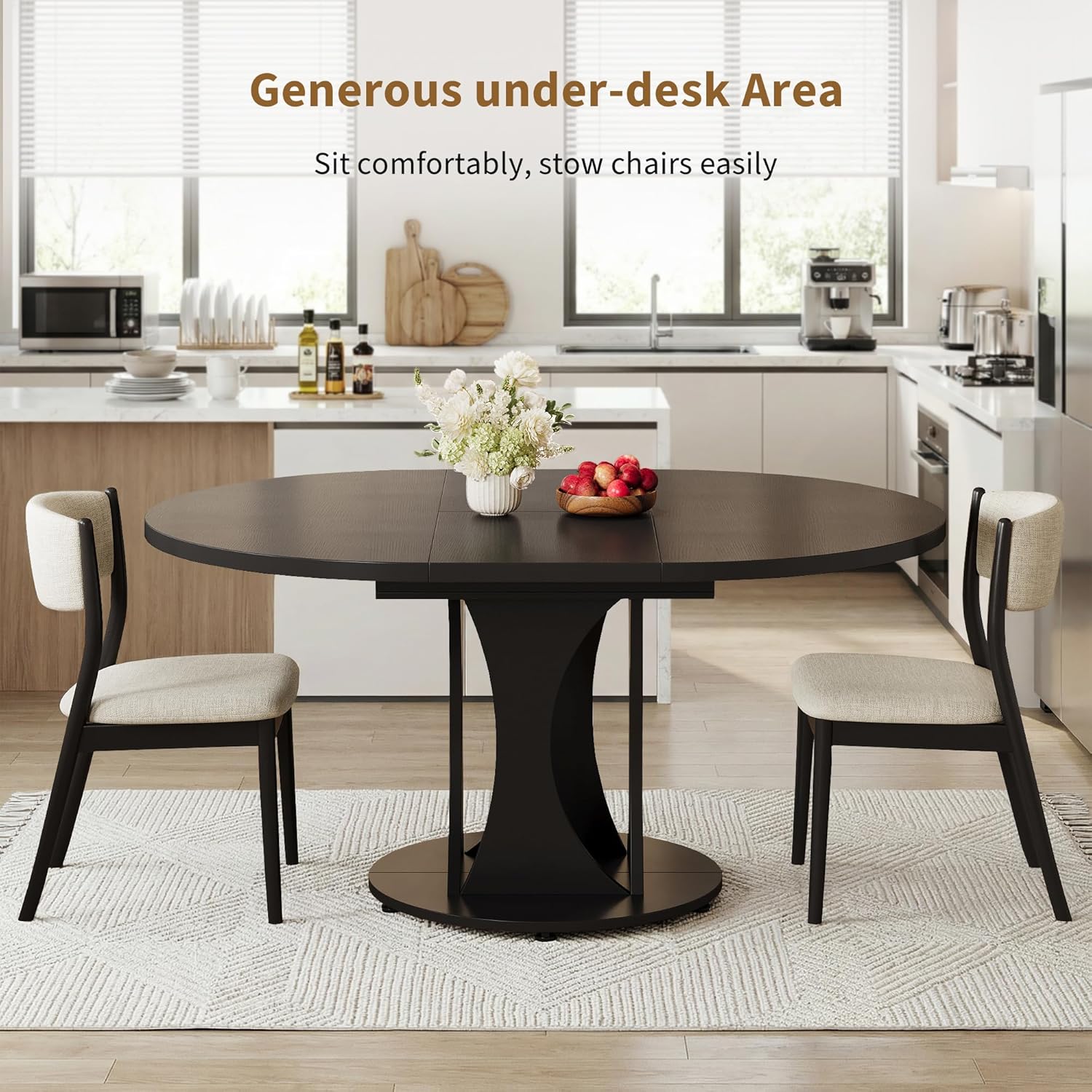 iPormis 43"-59" Extendable Dining Table, Round Kitchen Table with Modern Arcs Pedestal, Oval Dinner Table with Removable Leaves,Hidden Storage, for Kitchen, Dining Room, Living Room, Office, Black