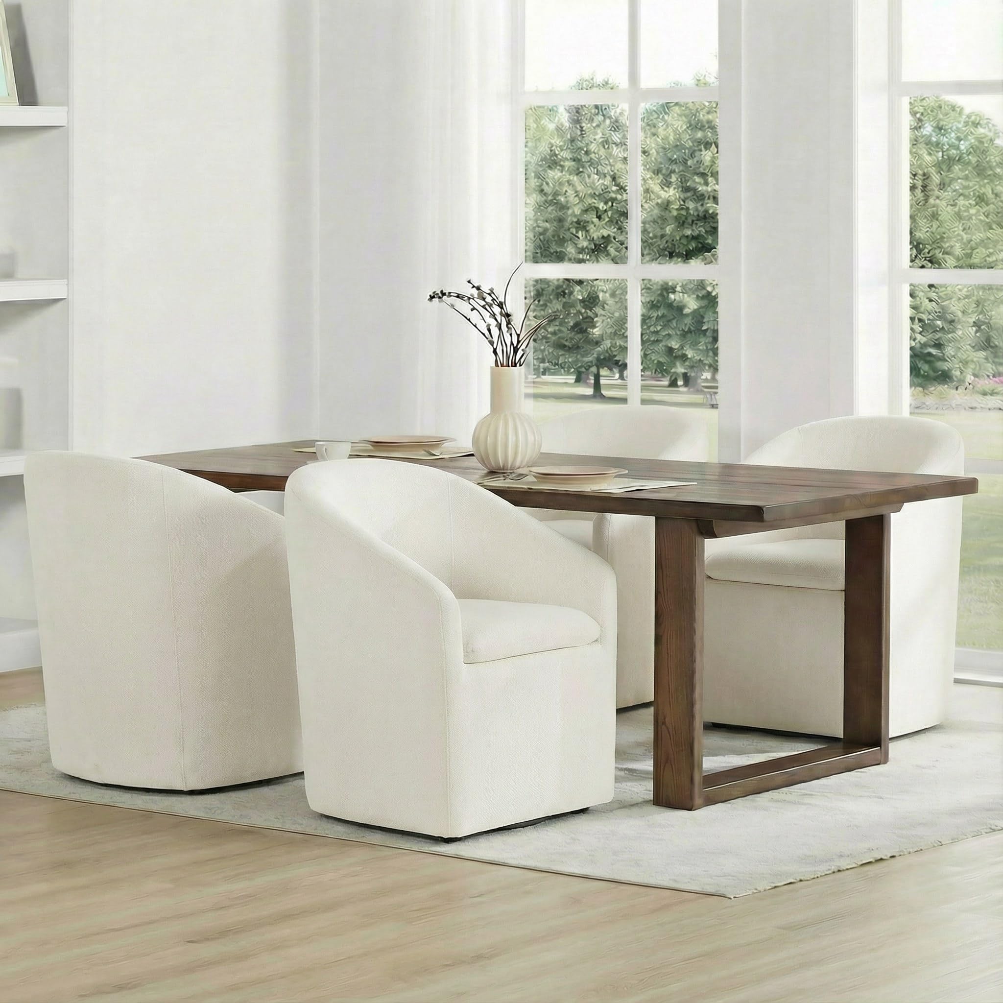 KISLOT Upholstered Dining Chairs Set of 4 with Casters, Wingback Modern Side Armless Deskchair with Rollers for Diningroom Bedroom Livingroom Reading Room, Cream Beige Fabric