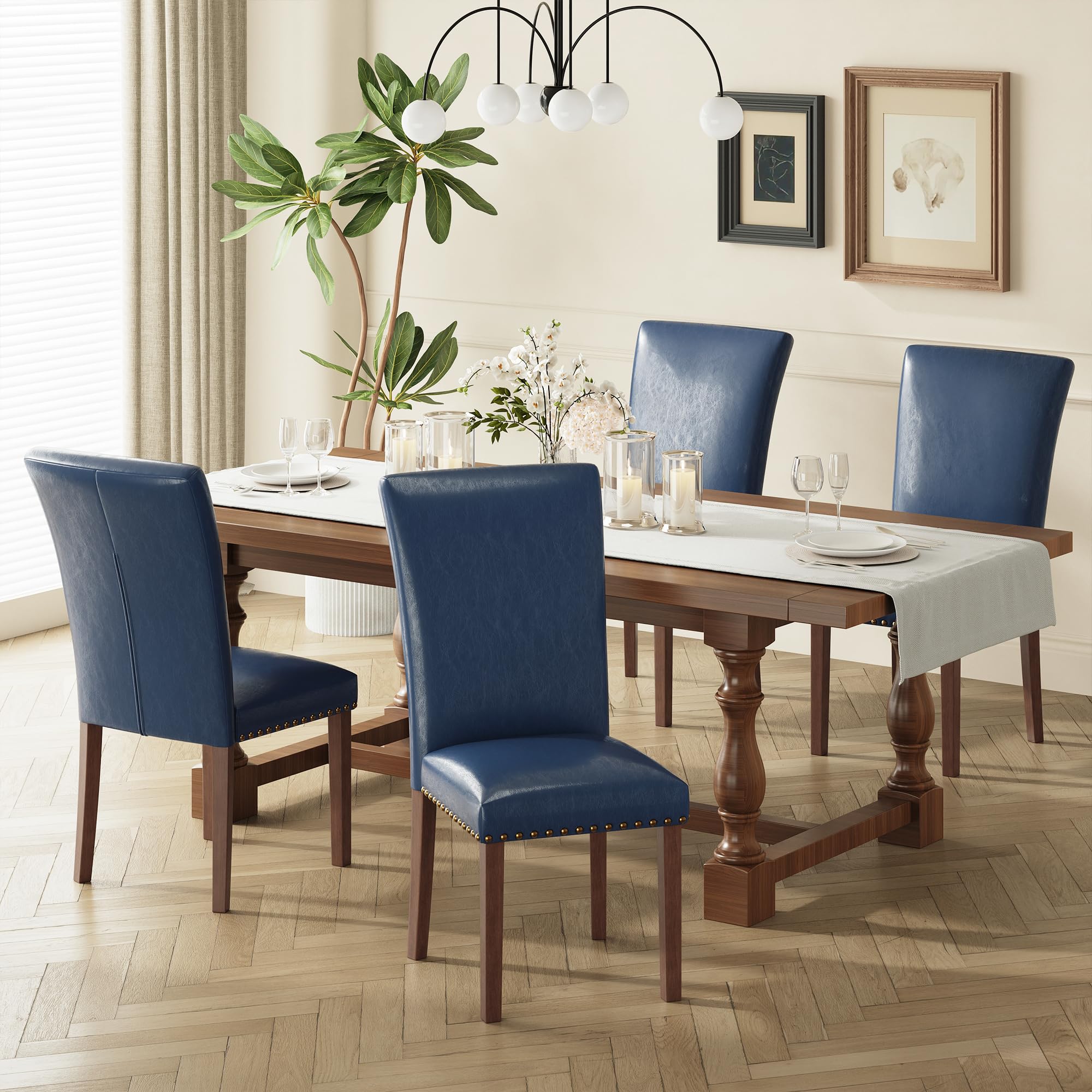 COLAMY Upholstered Fabric Dining Chairs Set of 6, High Back Padded Chairs w/Nailed Trim & Solid Wood Legs, Classic Parsons Chairs Side Chair for Home/Kitchen/Living Room-Beige (A420-BEIGE-6pcs)