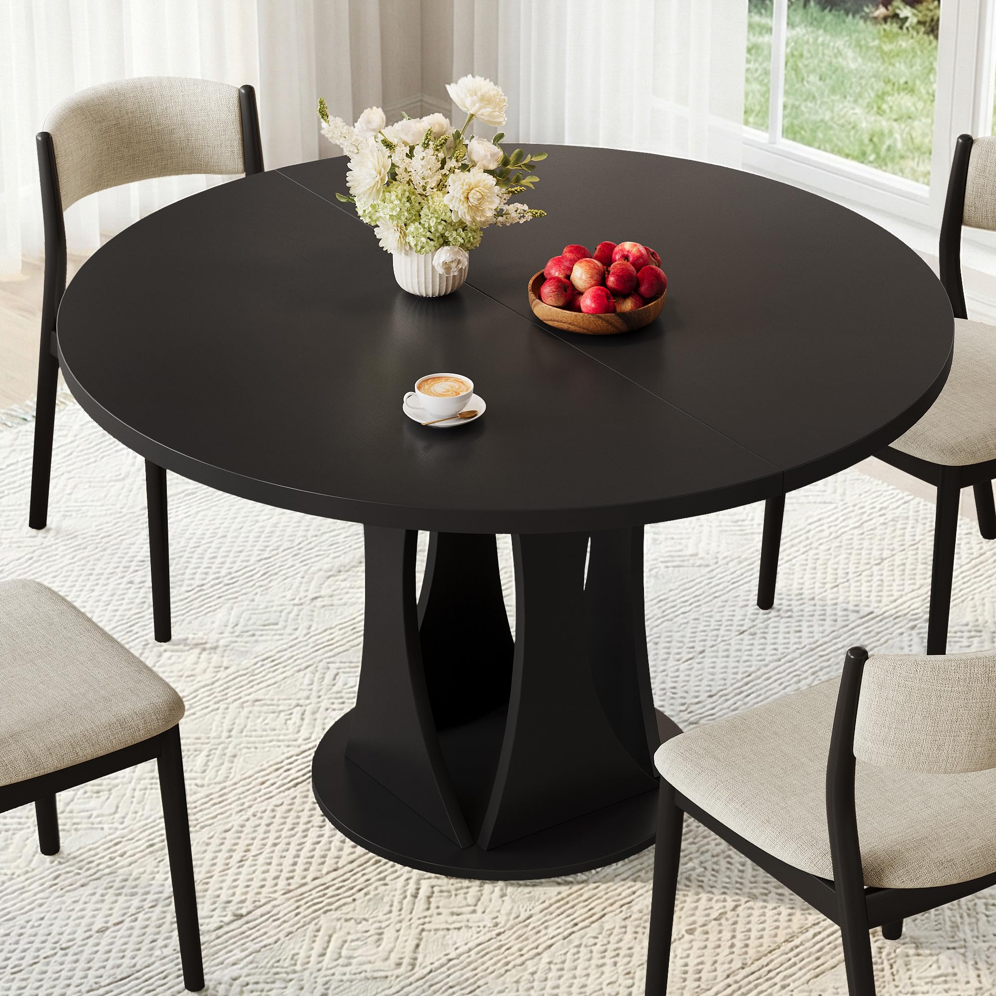 iPormis 43"-59" Extendable Dining Table, Round Kitchen Table with Modern Arcs Pedestal, Oval Dinner Table with Removable Leaves,Hidden Storage, for Kitchen, Dining Room, Living Room, Office, Black