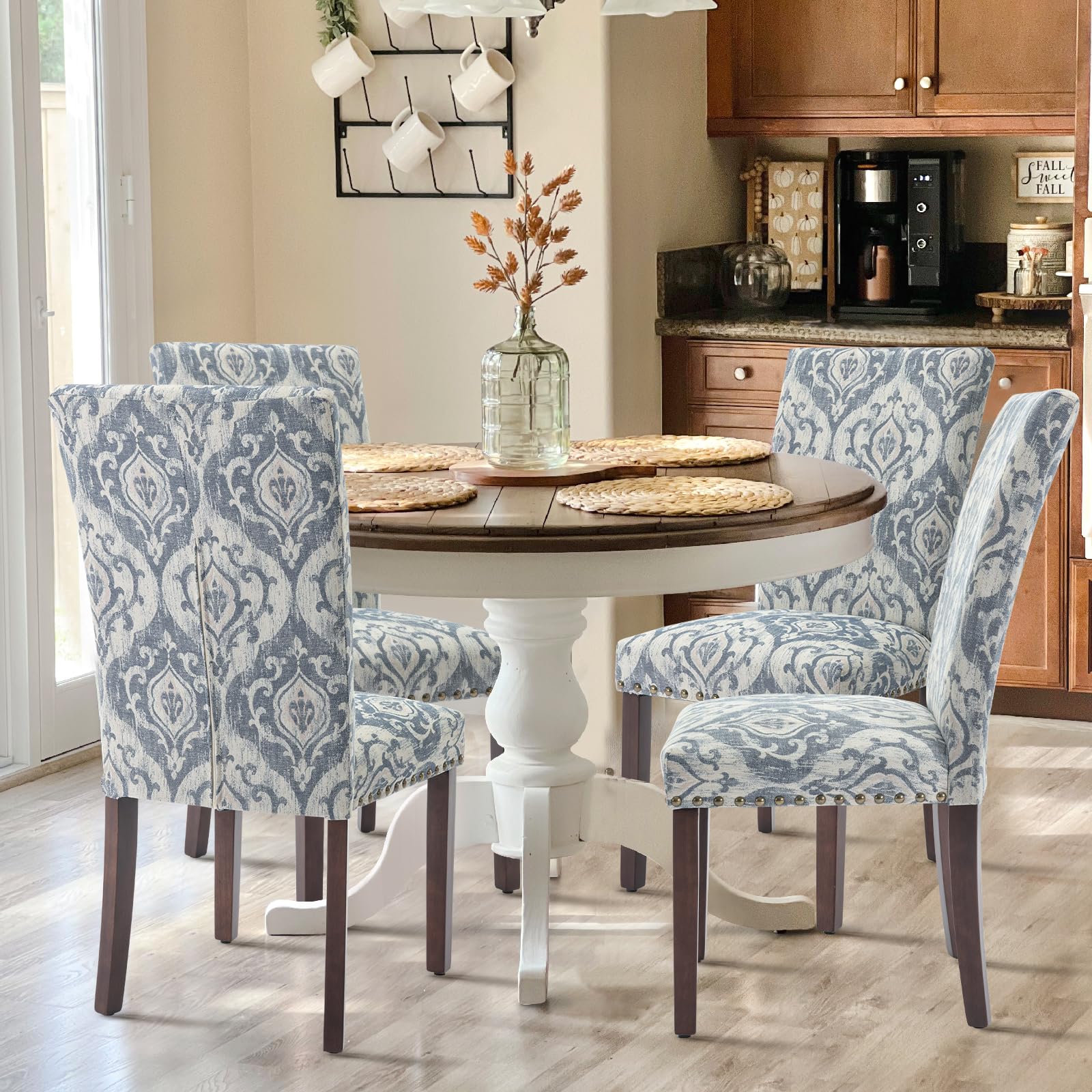COLAMY Upholstered Fabric Dining Chairs Set of 6, High Back Padded Chairs w/Nailed Trim & Solid Wood Legs, Classic Parsons Chairs Side Chair for Home/Kitchen/Living Room-Beige (A420-BEIGE-6pcs)