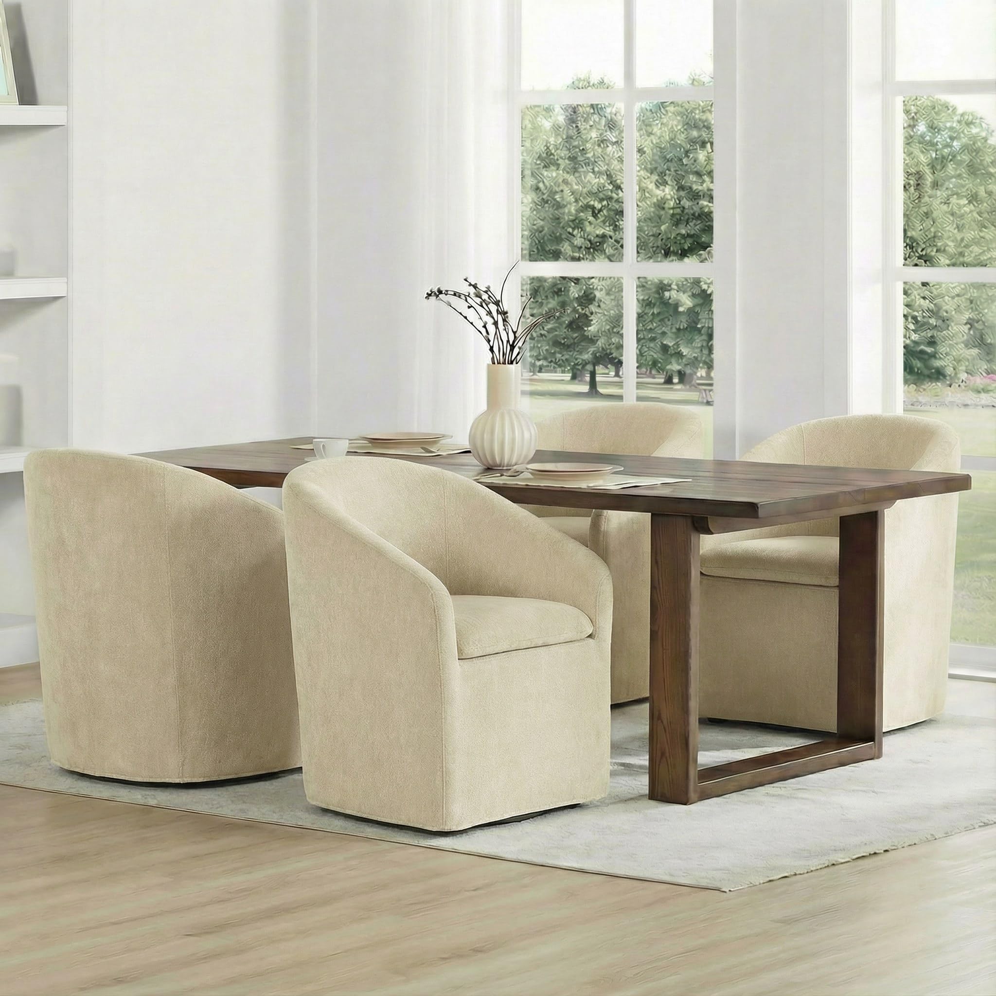 KISLOT Upholstered Dining Chairs Set of 4 with Casters, Wingback Modern Side Armless Deskchair with Rollers for Diningroom Bedroom Livingroom Reading Room, Cream Beige Fabric