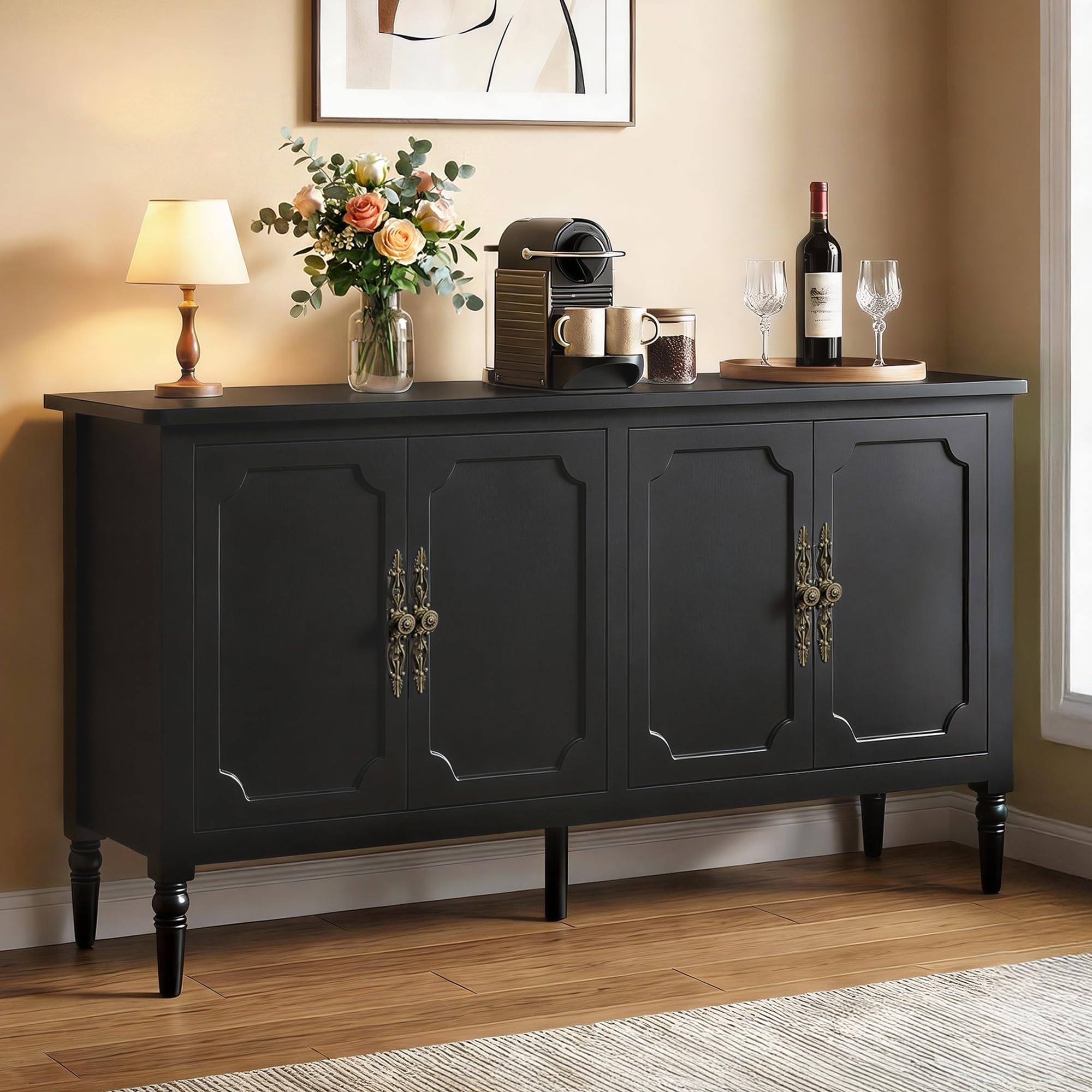 RoyalCraft 59" Buffet Cabinet with Storage, Vintage Sideboard with Adjustable Shelves & Carved Handle, Mid Century Modern Painted Credenza Coffee Bar for Kitchen, Dining Room, Navy Blue