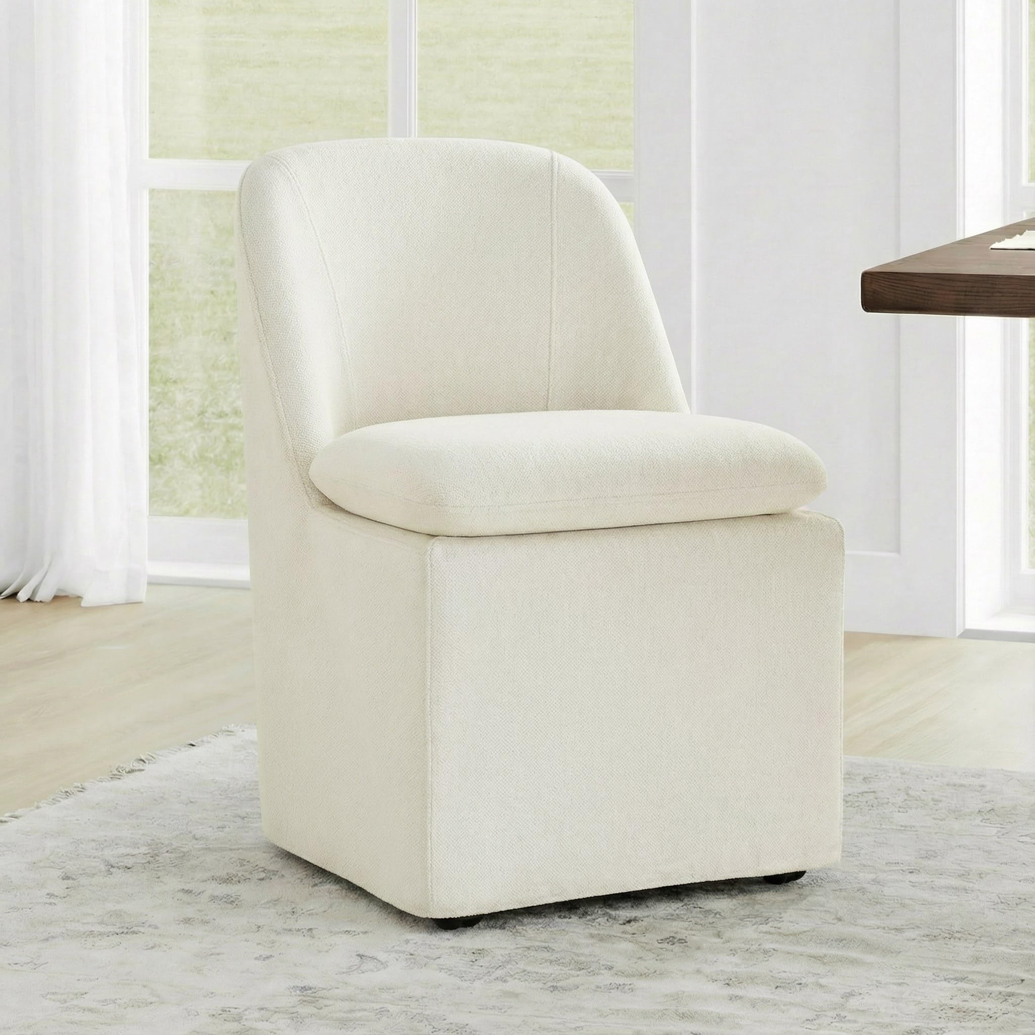 KISLOT Upholstered Dining Chairs Set of 4 with Casters, Wingback Modern Side Armless Deskchair with Rollers for Diningroom Bedroom Livingroom Reading Room, Cream Beige Fabric