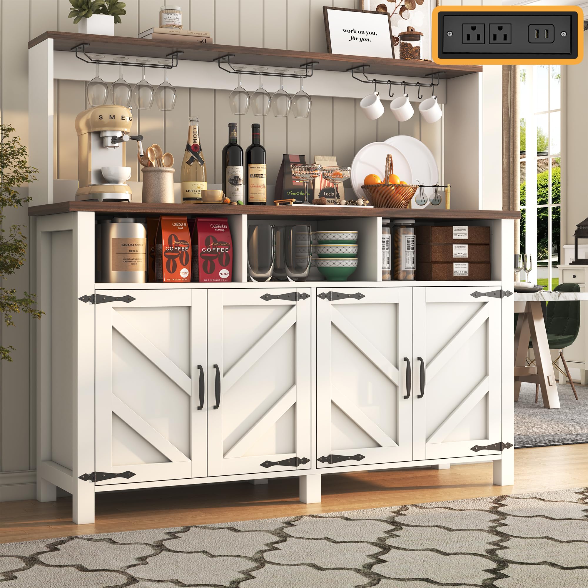 knoworld Buffet Sideboard with Storage with Power Outlets & LED Light 4 Doors, 55'' Large Farmhouse Kitchen Storage Cabinet Wood Coffee Bar Cabinet Buffet Table for Kitchen, Dining Room, Entryway