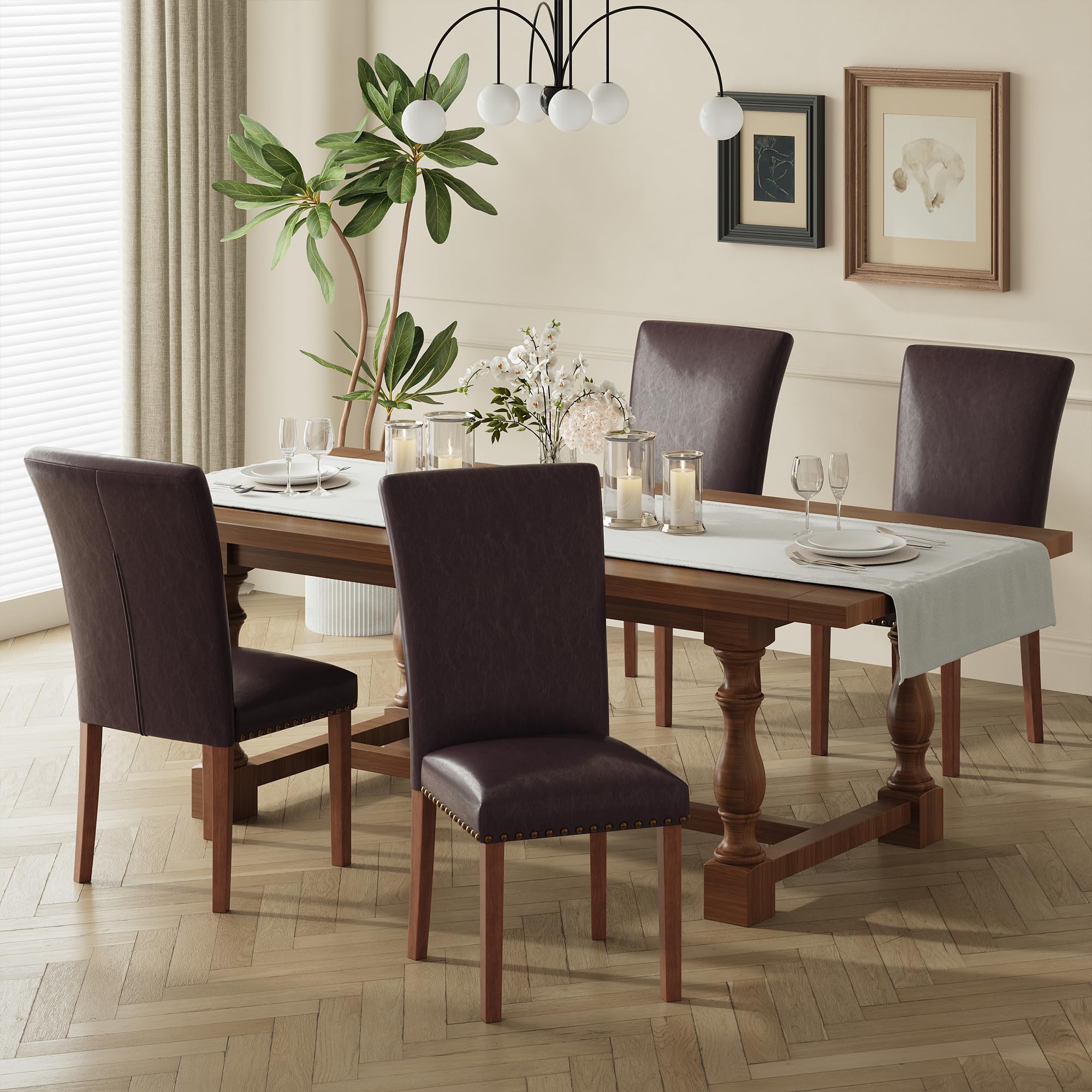 COLAMY Upholstered Fabric Dining Chairs Set of 6, High Back Padded Chairs w/Nailed Trim & Solid Wood Legs, Classic Parsons Chairs Side Chair for Home/Kitchen/Living Room-Beige (A420-BEIGE-6pcs)
