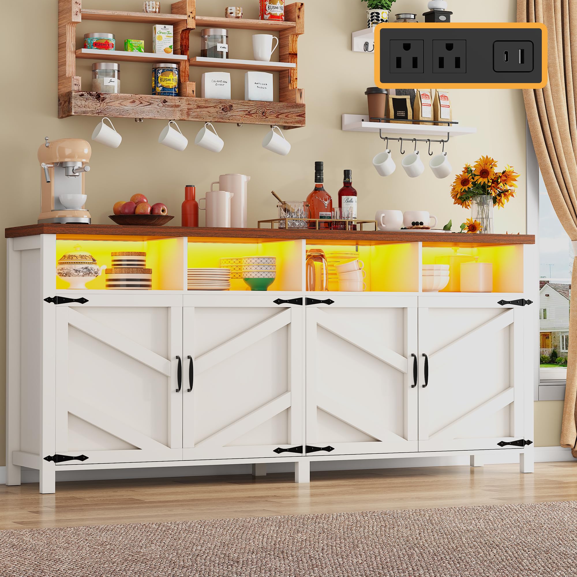 knoworld Buffet Sideboard with Storage with Power Outlets & LED Light 4 Doors, 55'' Large Farmhouse Kitchen Storage Cabinet Wood Coffee Bar Cabinet Buffet Table for Kitchen, Dining Room, Entryway