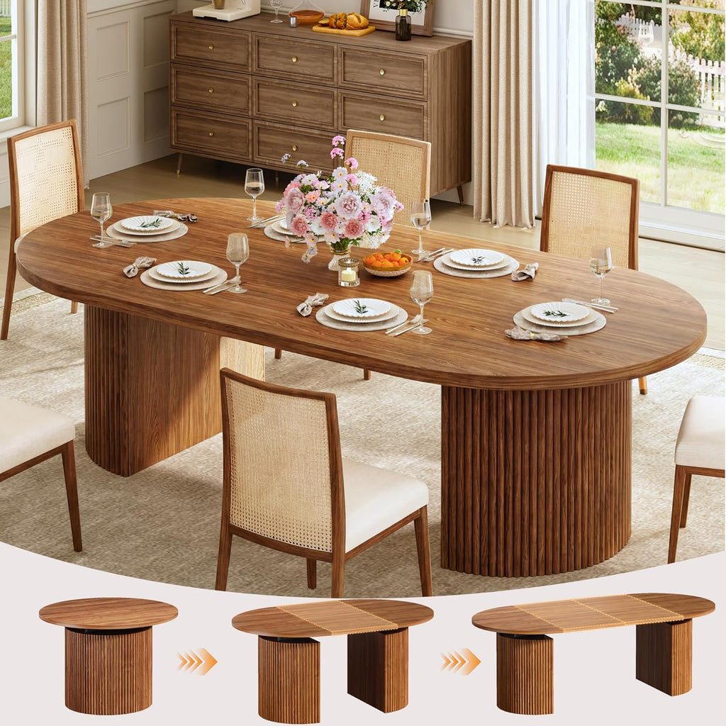 HUAHUU Extendable Round Dining Table for 4-8, 39in-77in Long Large Kitchen Table with Fluted Base, Space Saving Modern Farmhouse Oval Dinner Tables for Dining Room, Kitchen, Living Room, Brown