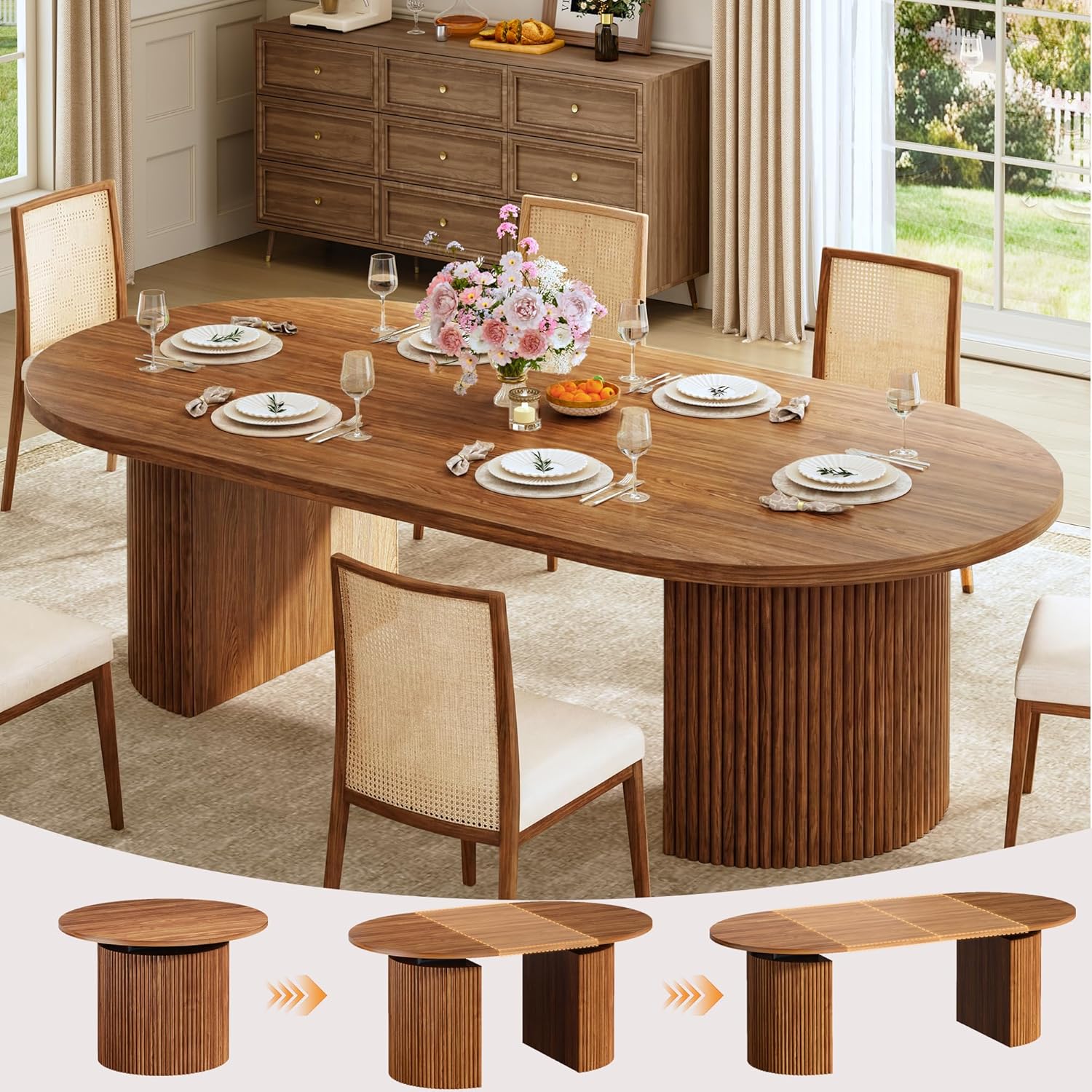 HUAHUU Extendable Round Dining Table for 4-8, 39in-77in Long Large Kitchen Table with Fluted Base, Space Saving Modern Farmhouse Oval Dinner Tables for Dining Room, Kitchen, Living Room, Brown