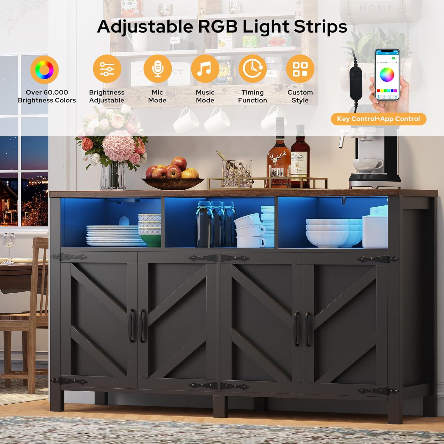 knoworld Buffet Sideboard with Storage with Power Outlets & LED Light 4 Doors, 55'' Large Farmhouse Kitchen Storage Cabinet Wood Coffee Bar Cabinet Buffet Table for Kitchen, Dining Room, Entryway