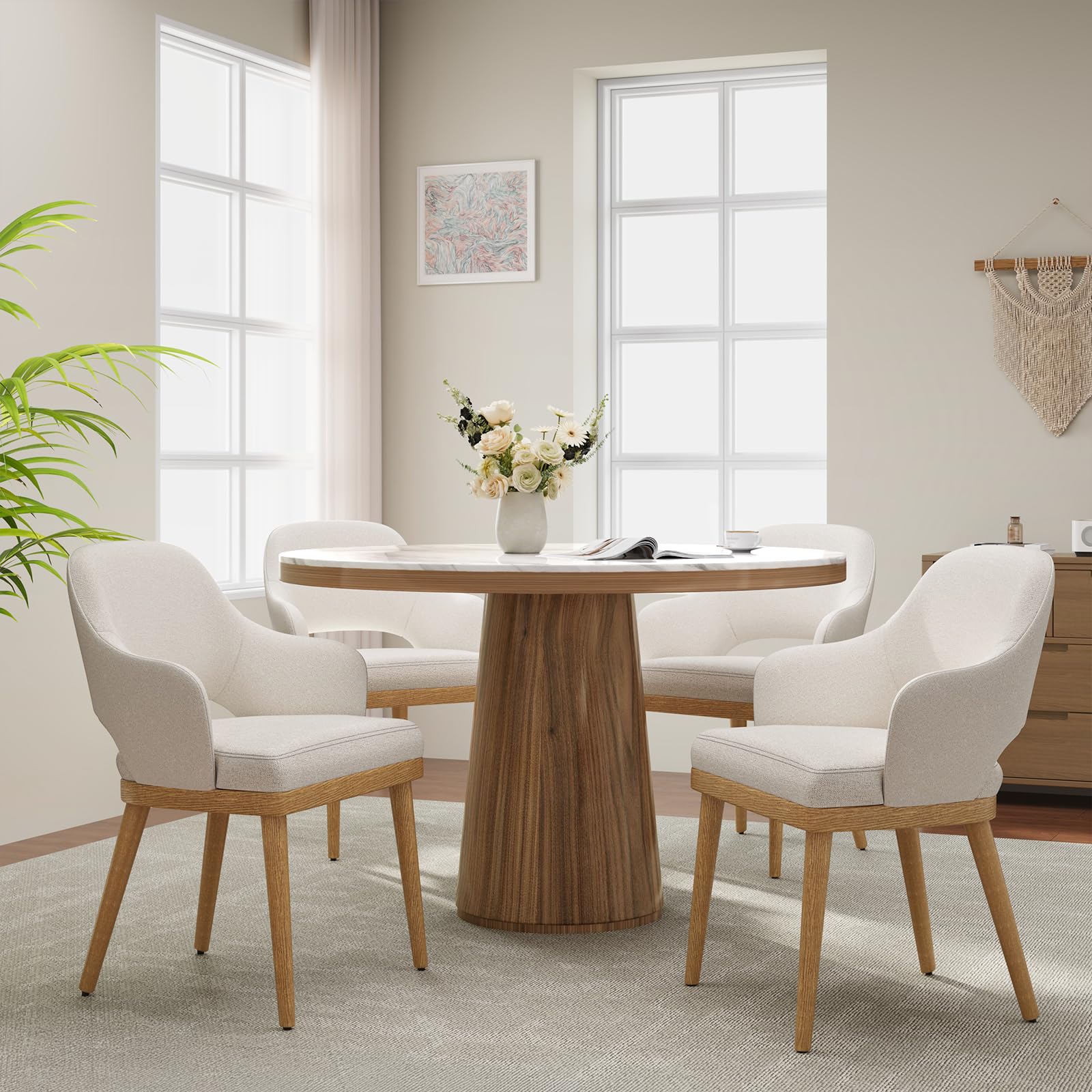 MALOL Wooden Dining Chairs Set of 2, Modern Fabric Upholstered Dining Room Chair, Kitchen Side Chairs, Farmhouse Dinner Chair with Open Back for Kitchen, Beige