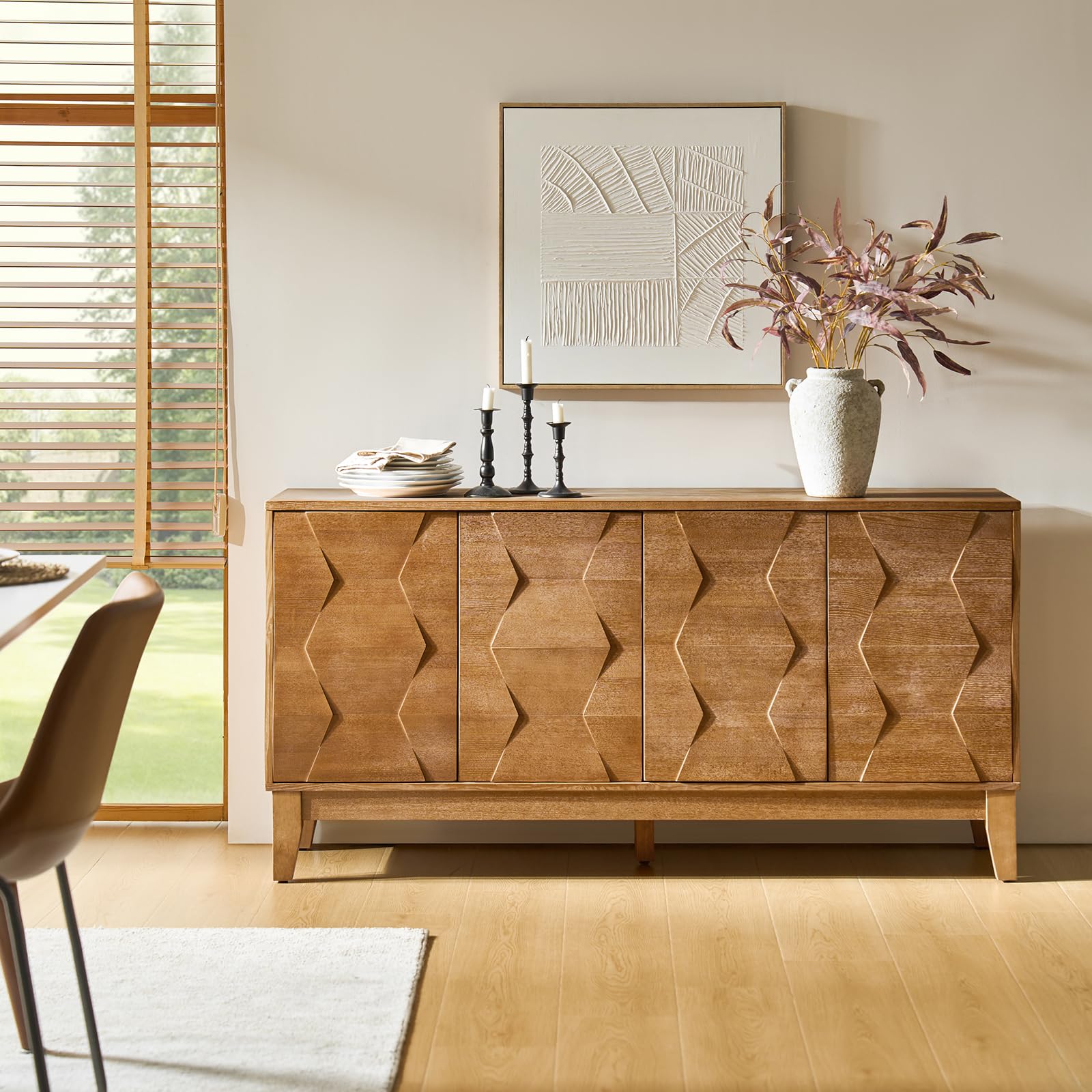 HULALA HOME Mid Century Sideboard Buffet Cabinet with Solid Wood Legs, 60" Kitchen Storage Cabinet Credenza with 4 Doors and 2 Shelves, Accent Console Table, Walnut