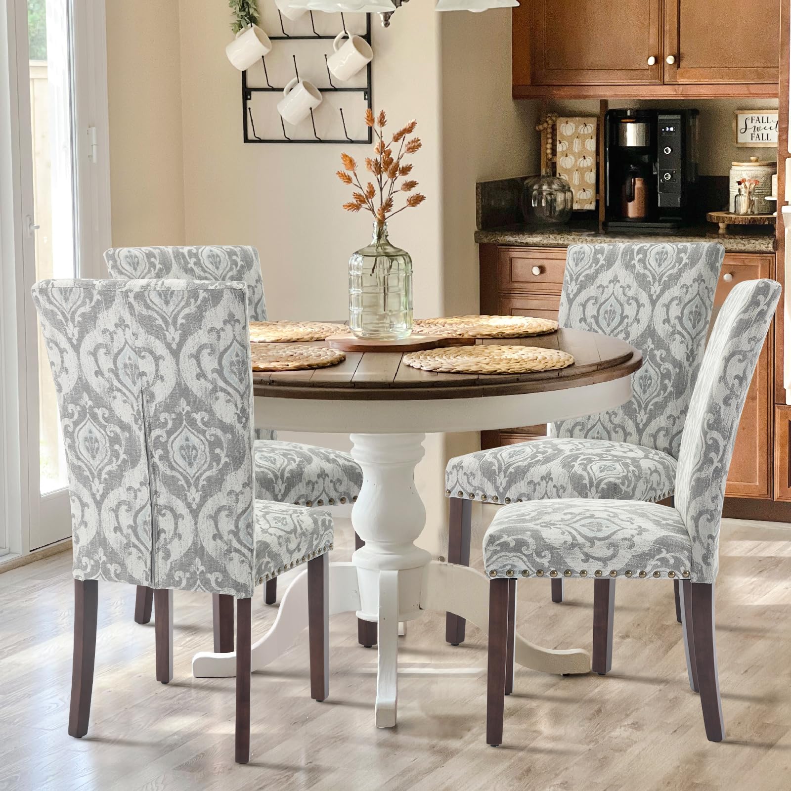 COLAMY Upholstered Fabric Dining Chairs Set of 6, High Back Padded Chairs w/Nailed Trim & Solid Wood Legs, Classic Parsons Chairs Side Chair for Home/Kitchen/Living Room-Beige (A420-BEIGE-6pcs)