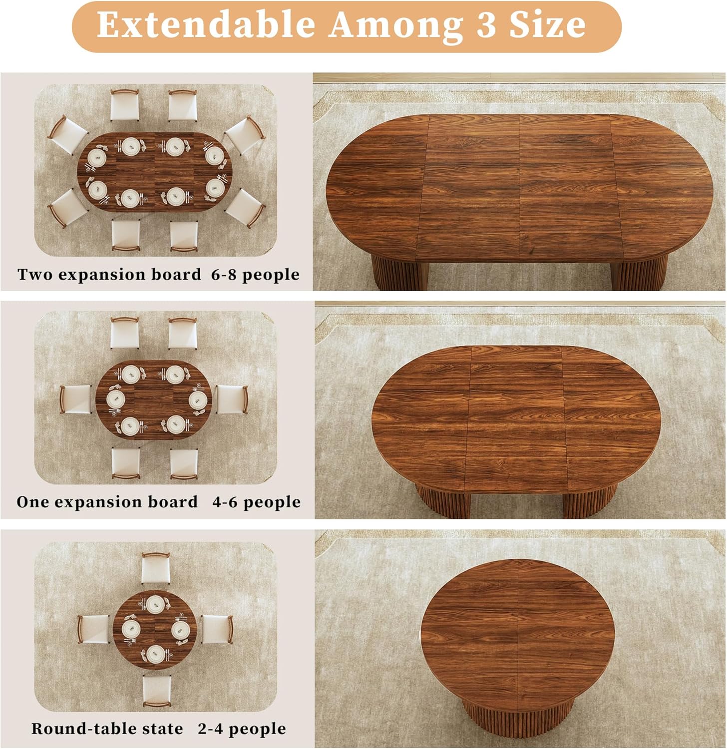 HUAHUU Extendable Round Dining Table for 4-8, 39in-77in Long Large Kitchen Table with Fluted Base, Space Saving Modern Farmhouse Oval Dinner Tables for Dining Room, Kitchen, Living Room, Brown