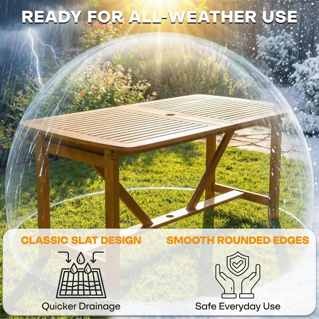Acacia Extendable Dining Table 63”-95" L for 6-8 Seats, Outdoor Rectangular Table with 2" Umbrella Hole for Garden, Balcony, Poolside & Patio, UV Resistant & Slat Design, Easy Setup - Natural