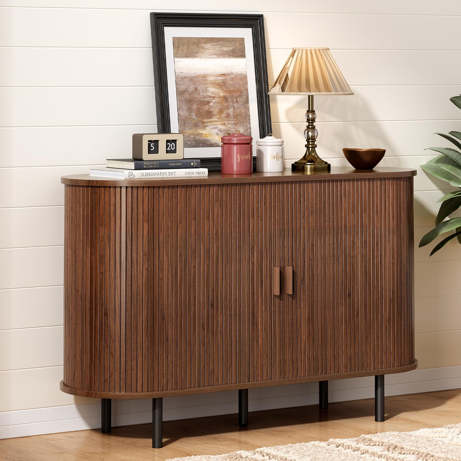 ONBRILL 55" Sideboard Buffet Cabinet with Storage, Sliding Door & Adjustable Shelf, Modern Accent Coffee Bar Console Table for Kitchen, Entryway, Walnut