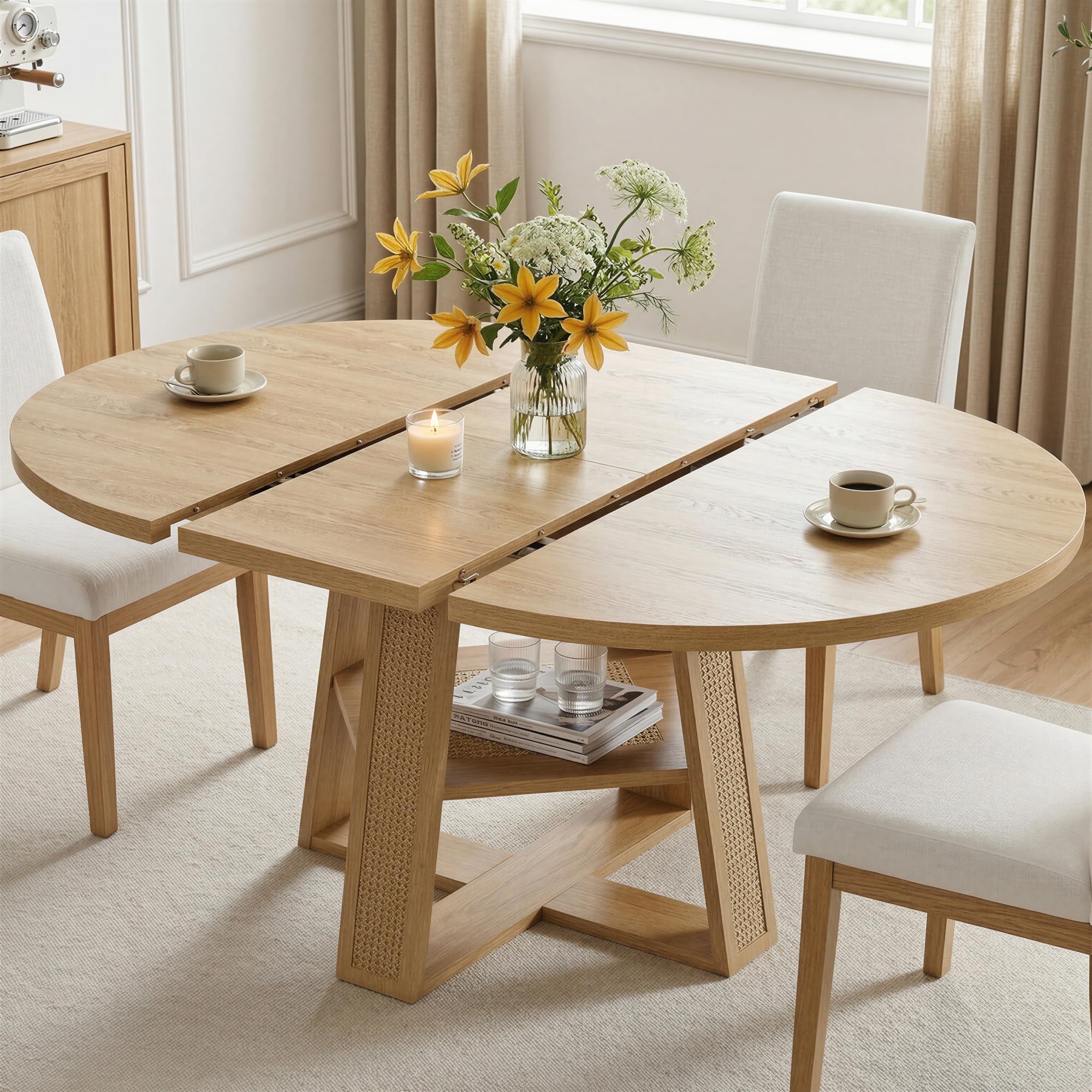 LIKIMIO 43"-59" Extendable Round Dining Table for 4-8, Transformer Oval Dining Room Table with Removable Leaves Space Saving, Wood Base Kitchen Table with Storage Shelf for Living Room, Walnut