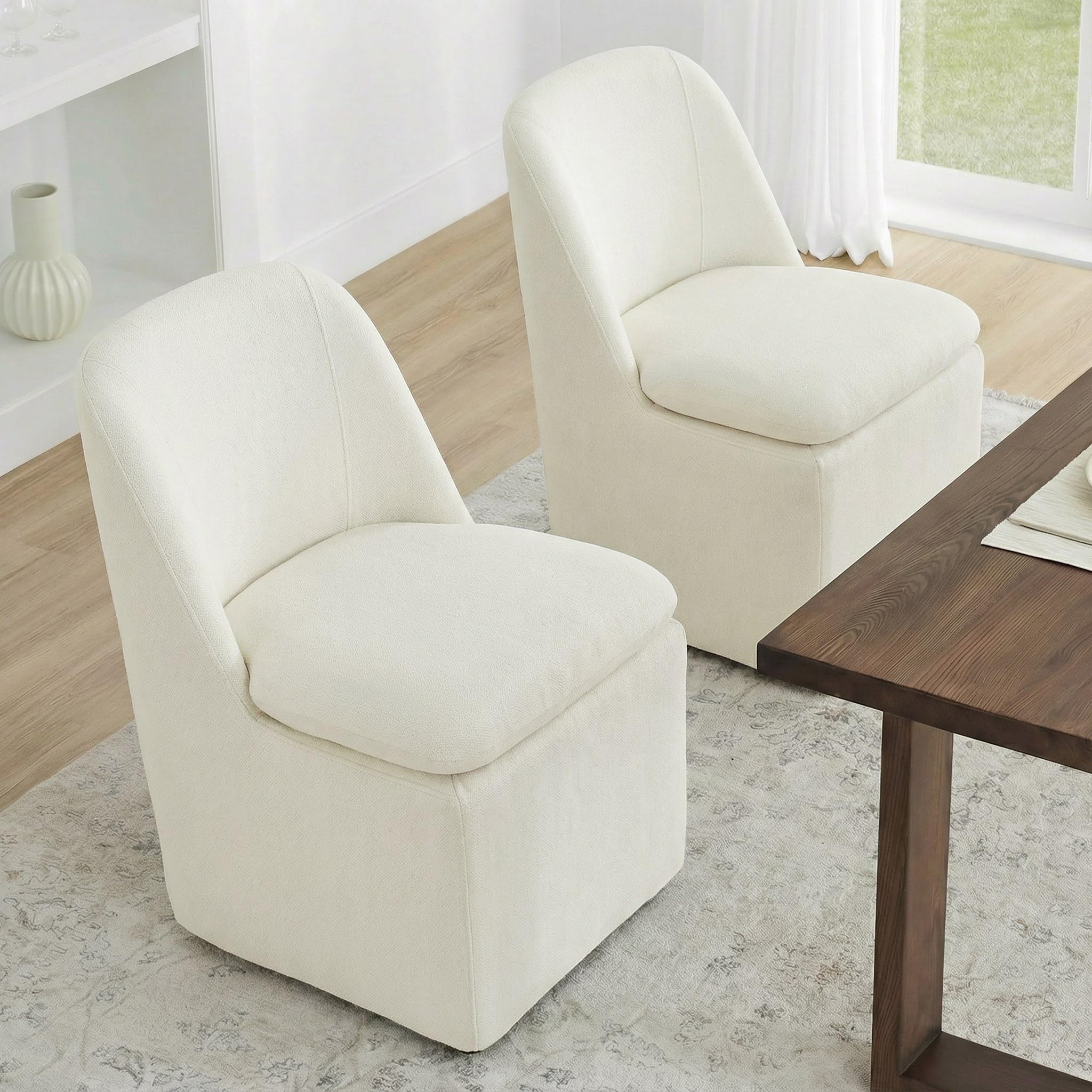 KISLOT Upholstered Dining Chairs Set of 4 with Casters, Wingback Modern Side Armless Deskchair with Rollers for Diningroom Bedroom Livingroom Reading Room, Cream Beige Fabric