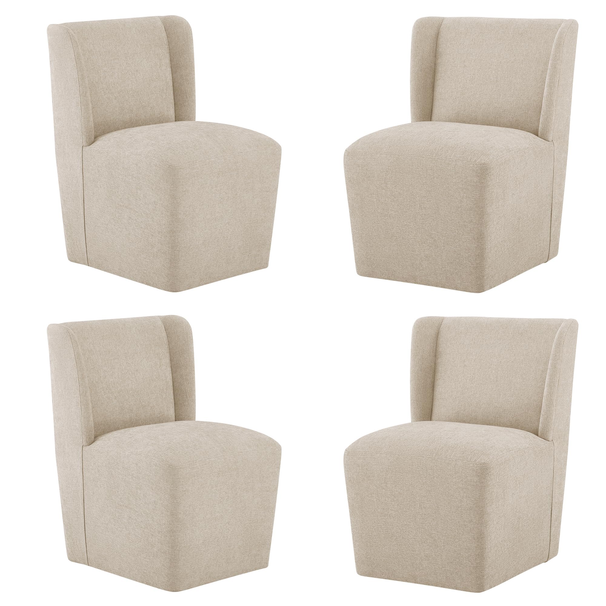 KISLOT Upholstered Dining Chairs Set of 4 with Casters, Wingback Modern Side Armless Deskchair with Rollers for Diningroom Bedroom Livingroom Reading Room, Cream Beige Fabric